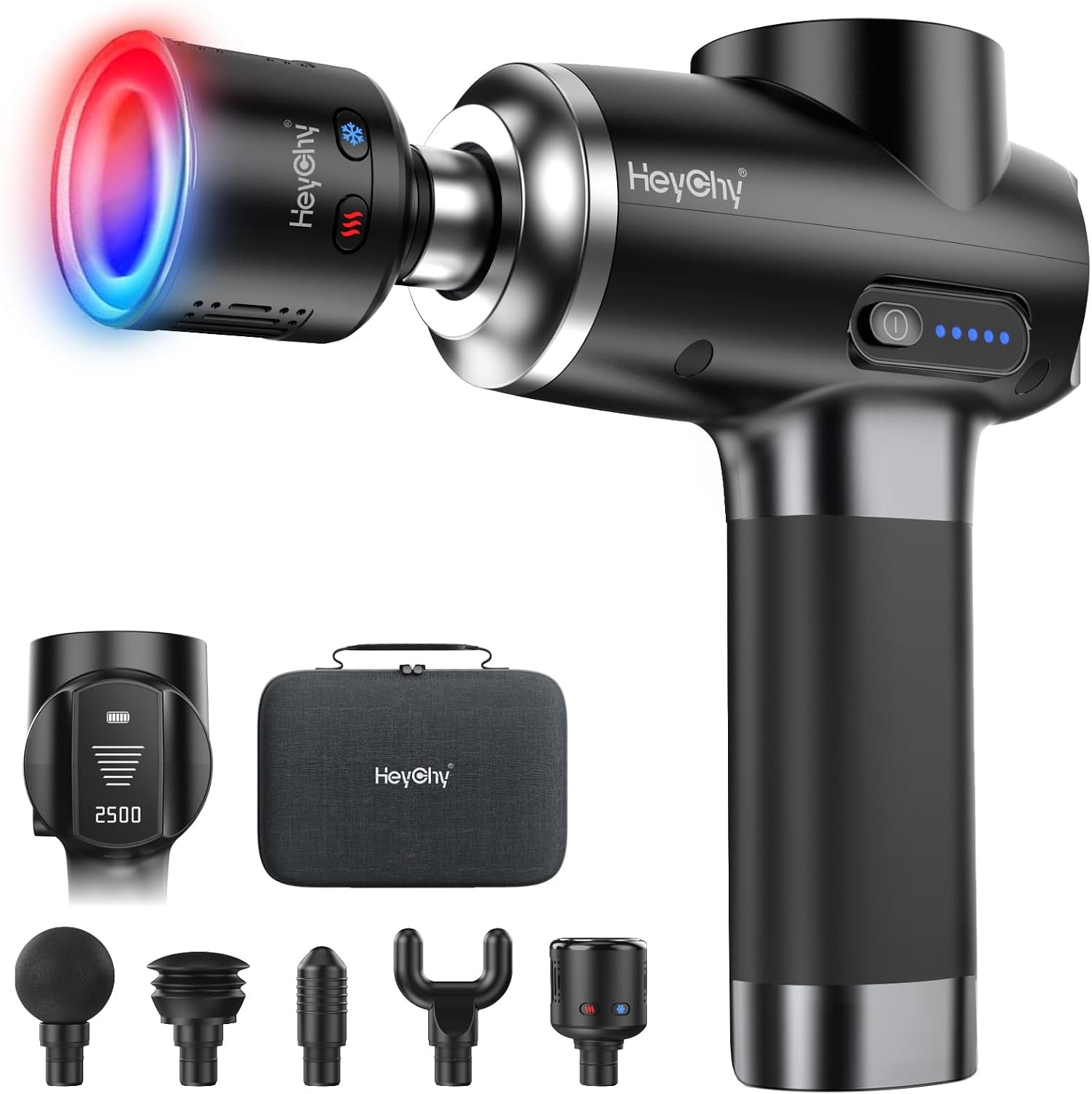 HEYCHY Massage Gun Deep Tissue, 5 Heads Muscle Massager with Heat and Cold