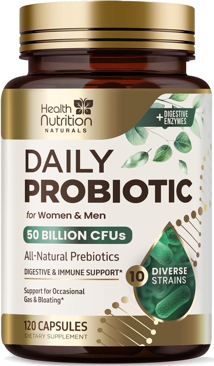 Probiotics 50 Billion CFU – 10 Strains + Prebiotics – Digestive Health, Gut & Immune Support – Probiotic for Occasional Constipation, Gas & Bloating Support for Women & Men Bottled USA – 120 Capsules