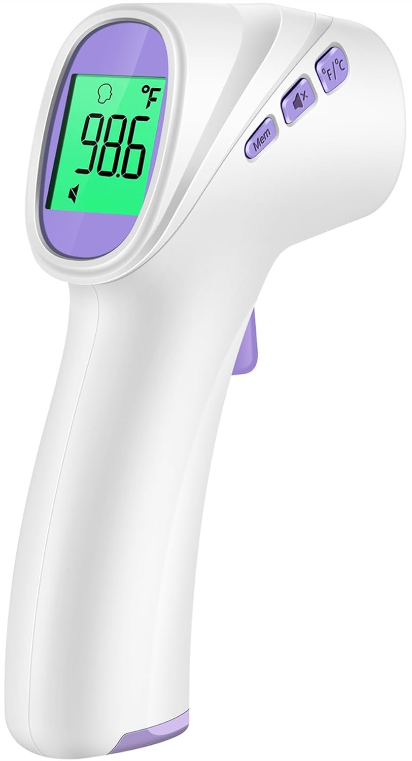Forehead Thermometer for Adults, Kids & Babies, No-Touch Digital Thermometer with LCD Backlight Display, Fever Alarm and 1s Instant Reading – Purple