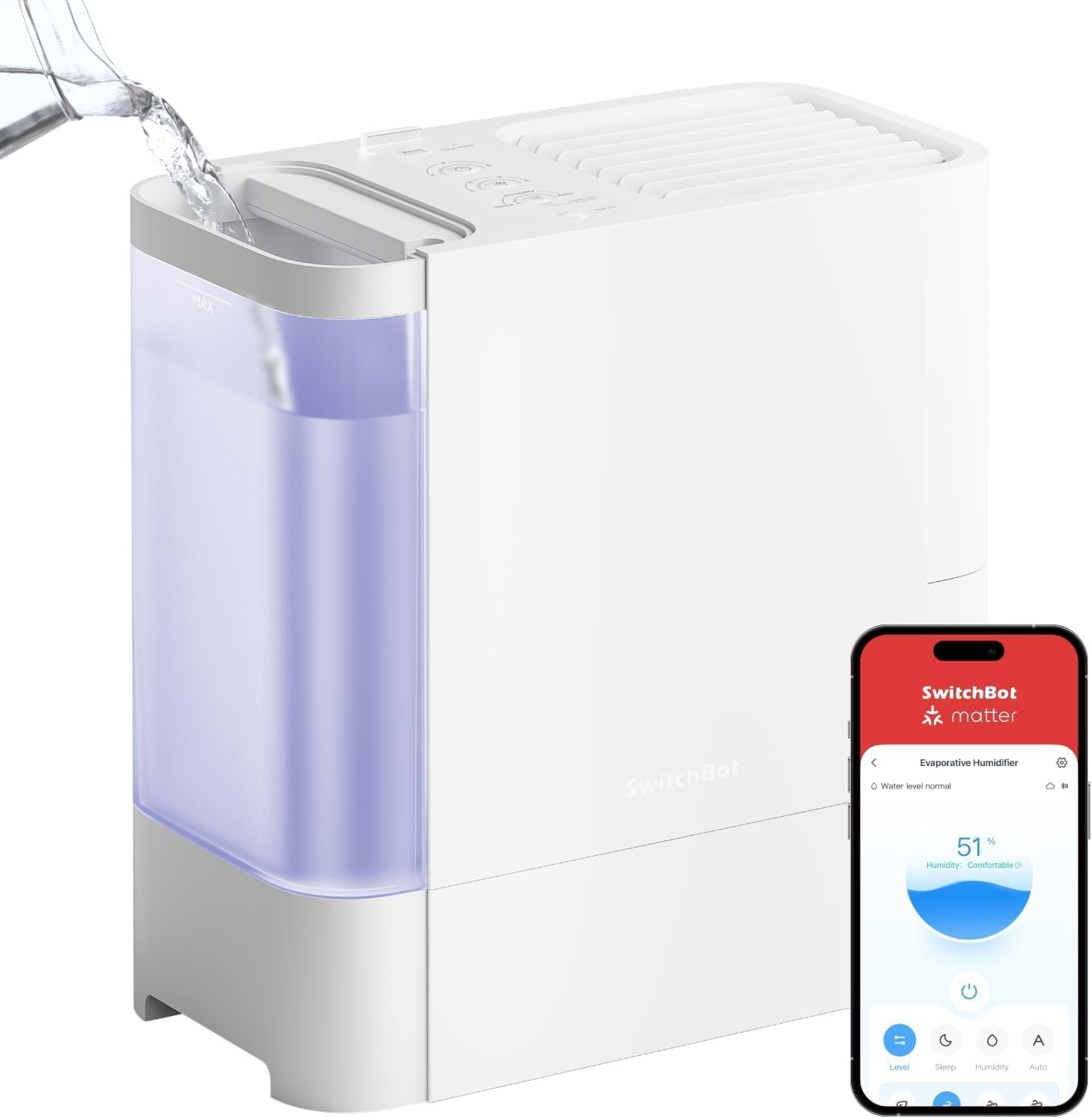 SwitchBot Evaporative Humidifier for Bedroom 4.5L, 750ml/h, No Mist, No White Dust, Tap Water Fillable, Top Fill, for Baby, Nursery, Plants, Indoor, Work with Matter, HomeKit, Alexa, No Hub Required