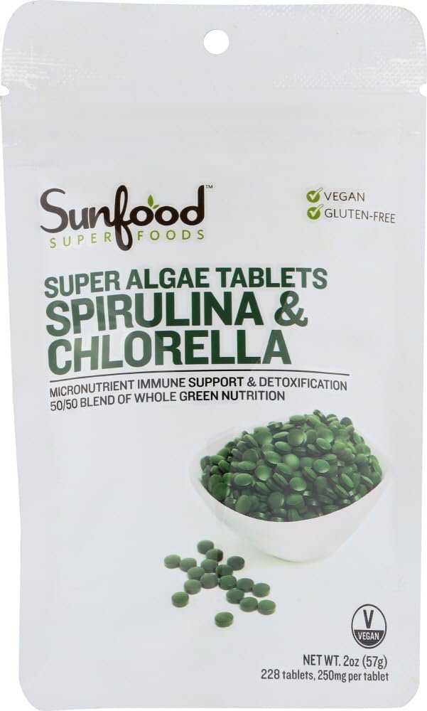 Sunfood Superfoods Chlorella Spirulina Tablets – Spirulina and Chlorella Green Algae Tablets for Women & Men, Source of Chlorophyll, B Vitamins, and Protein, Broken Cell Wall, Vegan – 2 oz Bag