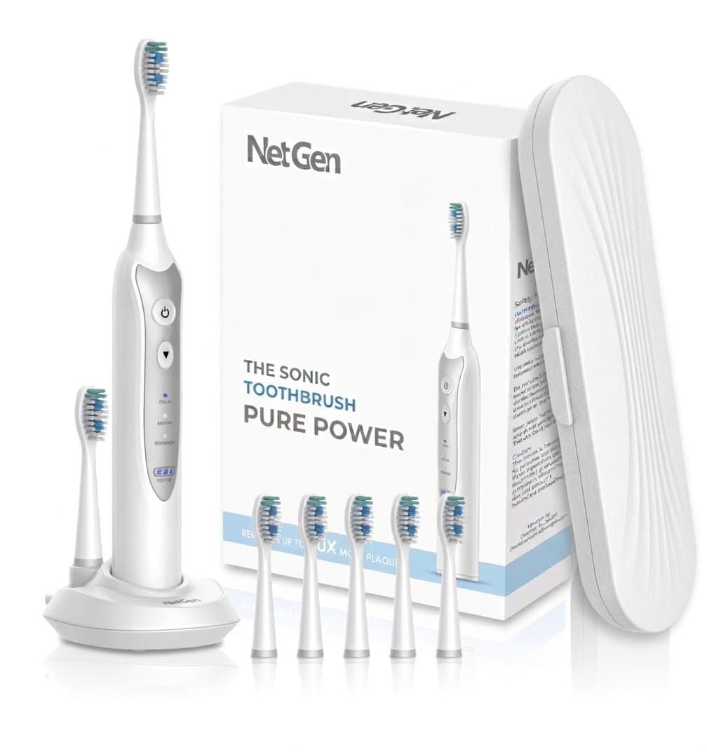 Sonic Electric Toothbrush for Adults – Rechargeable Power Toothbrush with 5 Soft Bristle Heads, Travel Case, 3 Cleaning Modes & Smart Timer, IPX7 Waterproof (White)