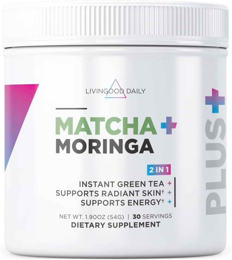 Livingood Daily Matcha + Moringa Powder, Instant Green Tea, 30 Servings
