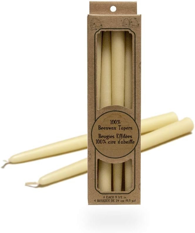 100 Percent Pure Beeswax Taper Candles. Box of 4 / 9.5 Inch.