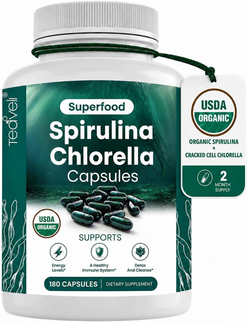 Teaveli Organic Spirulina and Chlorella Capsules – 180 Chlorophyll Pills, Blue Green Algae Powder Capsules to Support Detox, Mitochondria & Energy– 3X More Chlorella Spirulina Powder/Serving