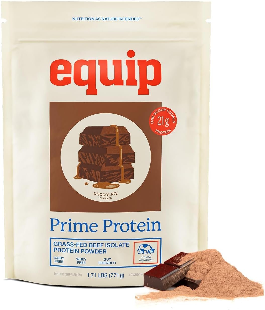 Equip Prime Chocolate Protein Powder – Gut-Friendly, No Sugar Protein Shake Powder with Grass-Fed Beef & Natural Collagen – Rich & Creamy Mix – 21g Per Serving – Whey & Dairy-Free (30 Scoops)