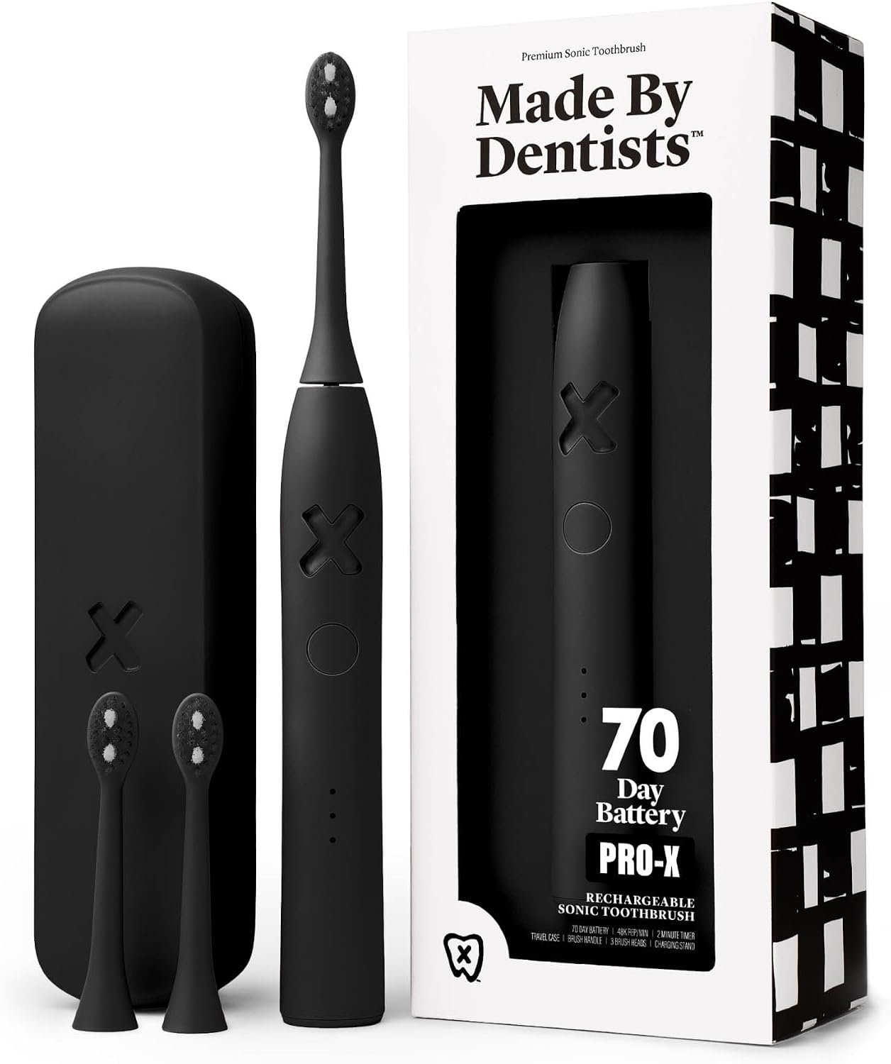 Made by Dentists PRO‑X Sonic Electric Toothbrush for Adults – 70‑Day Battery on One Charge, Dentist‑Designed Whitening Rechargeable Toothbrush, 3 Brush Heads & Travel Case, 3 Modes, Black
