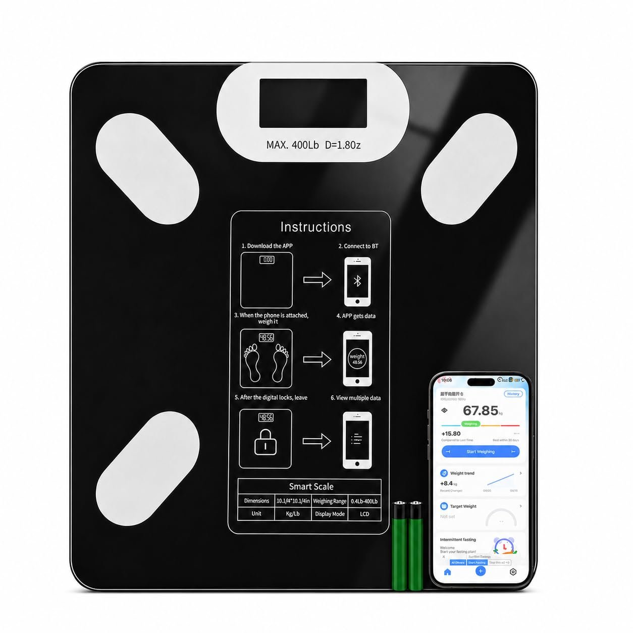 Smart Body Fat Scale with Bluetooth App 13 Body Composition Metrics BMI Muscle Mass 24 User Profiles Batteries Included 400LB Capacity Black