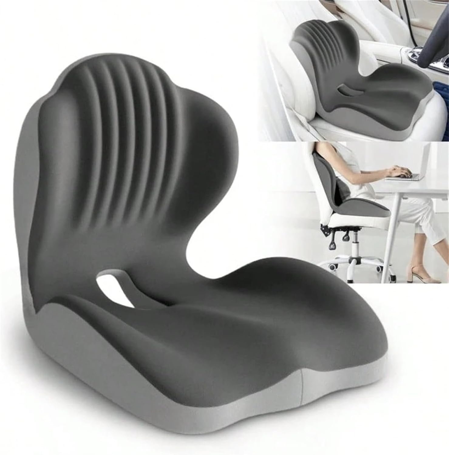 Ergonomic Memory Foam Seat Cushion, Seat Cushion with Integrated Lumbar Back Support, Anti Slip Memory Foam with L-Shaped Integrated Design for Long Car Drives and Office (Double Gray)
