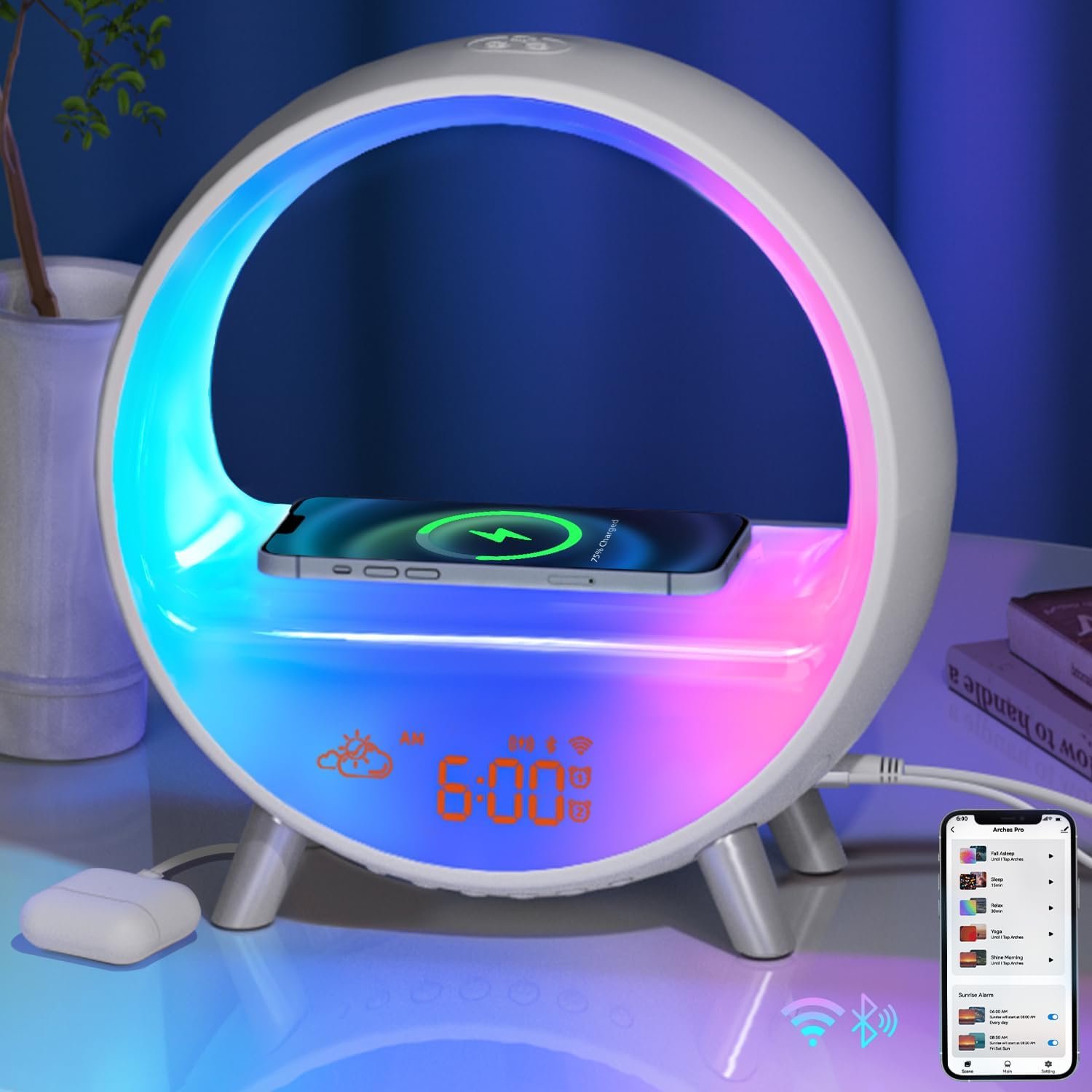 MOMILLA Smart Sunrise Alarm Clock Wireless Charger Bluetooth Speaker Lamp