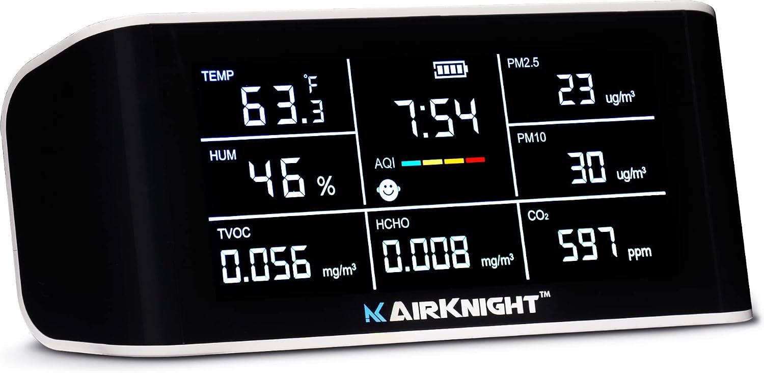 AirKnight Premium Indoor Air Quality Monitor Indoor & Air Quality Sensor. VOC Detector, CO2 Monitor, Formaldehyde Detector HCHO, AQI, PM2.5, PM10 Temperature Humidity Air AQI CO2 Meter