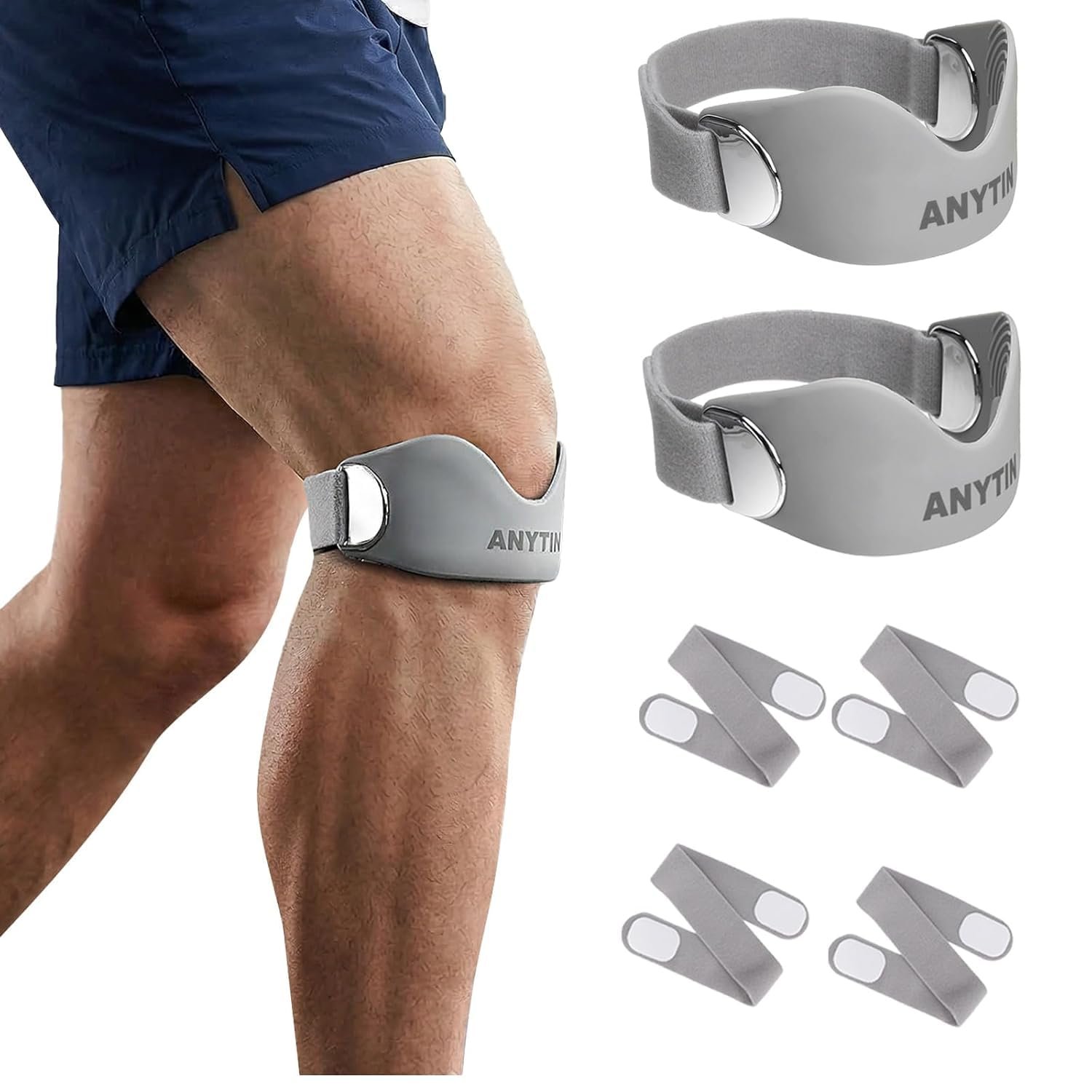 Silicone Patellar Tendon Support Strap 2 Pack, Adjustable Patella Knee Strap for Pain Relief, Non-Slip Patella Band for Men & Women, Jumper’s Knee, Osgood Schlatter, Running & Squats Grey