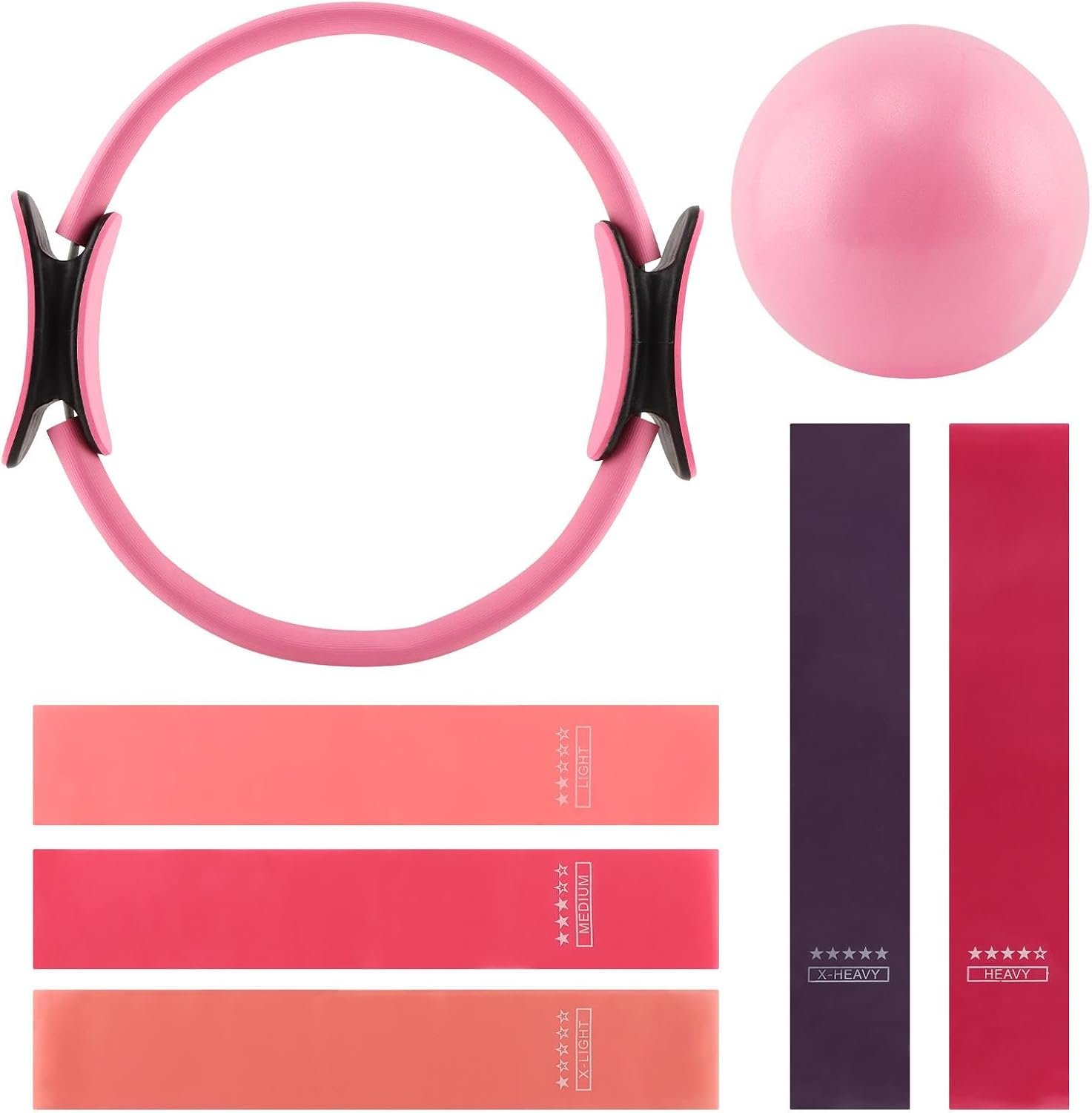 Pilates Ring Set, 14” Circle Ring, 1 Pilates Ball and 5 Resistance Bands