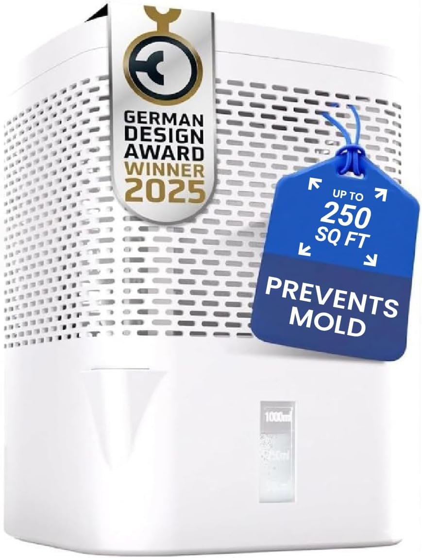 Non-Electric Dehumidifier – Moisture Absorber for Basement, Bathroom, Closet & RV, Includes 24oz Refill Pack with Dehumidifier Granules, Reusable, White