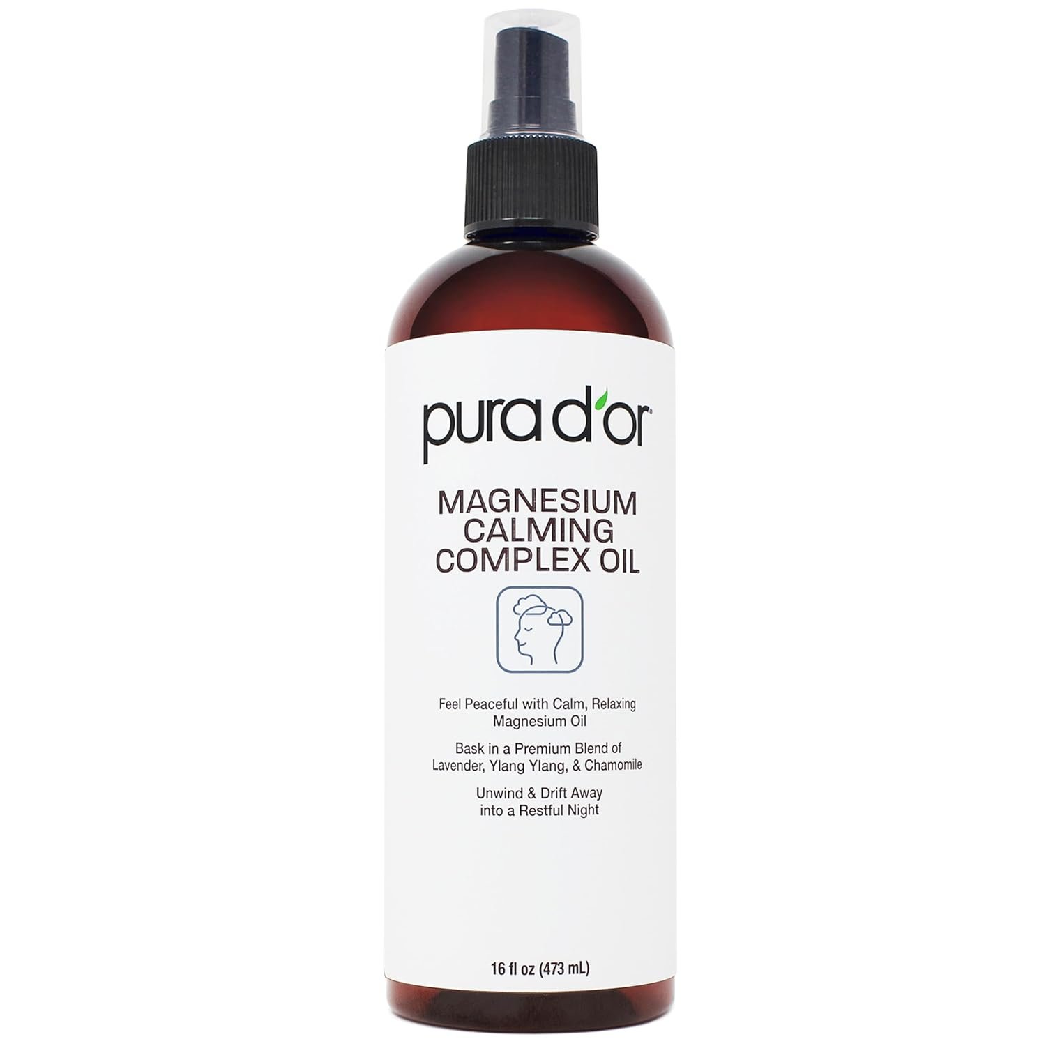 PURA D’OR Magnesium Calming Complex Oil Spray, 16 Oz, Topical Magnesium Chloride Mist with Aloe Vera, Lavender, Chamomile, Ylang Ylang, Lightweight Water-Based Body Care Formula, Vegan, Non-Greasy