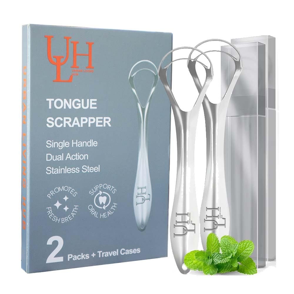 Tongue Scraper, Tongue Cleaner, Stainless Steel Tongue Scrapper, Metal Tongue Cleaner for Adults | Fresh Breath | Oral Hygiene Care | Dual Edge | 2-Pack + Travel Cases | ULH – The Urban Living Hub
