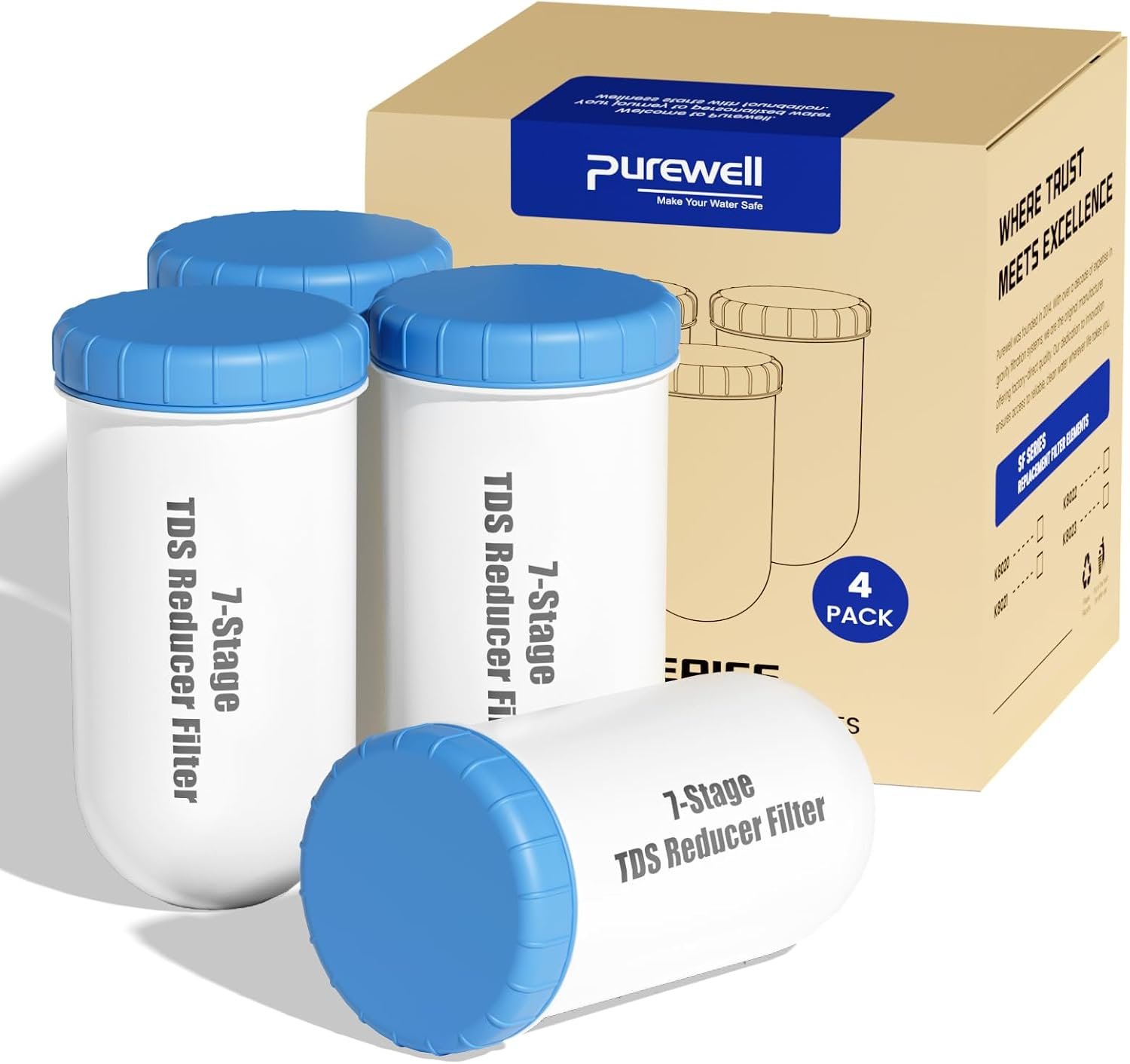 Purewell 7-Stage 7-In Water Filter Replacement for Zero Pitcher, Purewell SF series system, 400Gal Long-Lasting(4 Pack, SF Series)