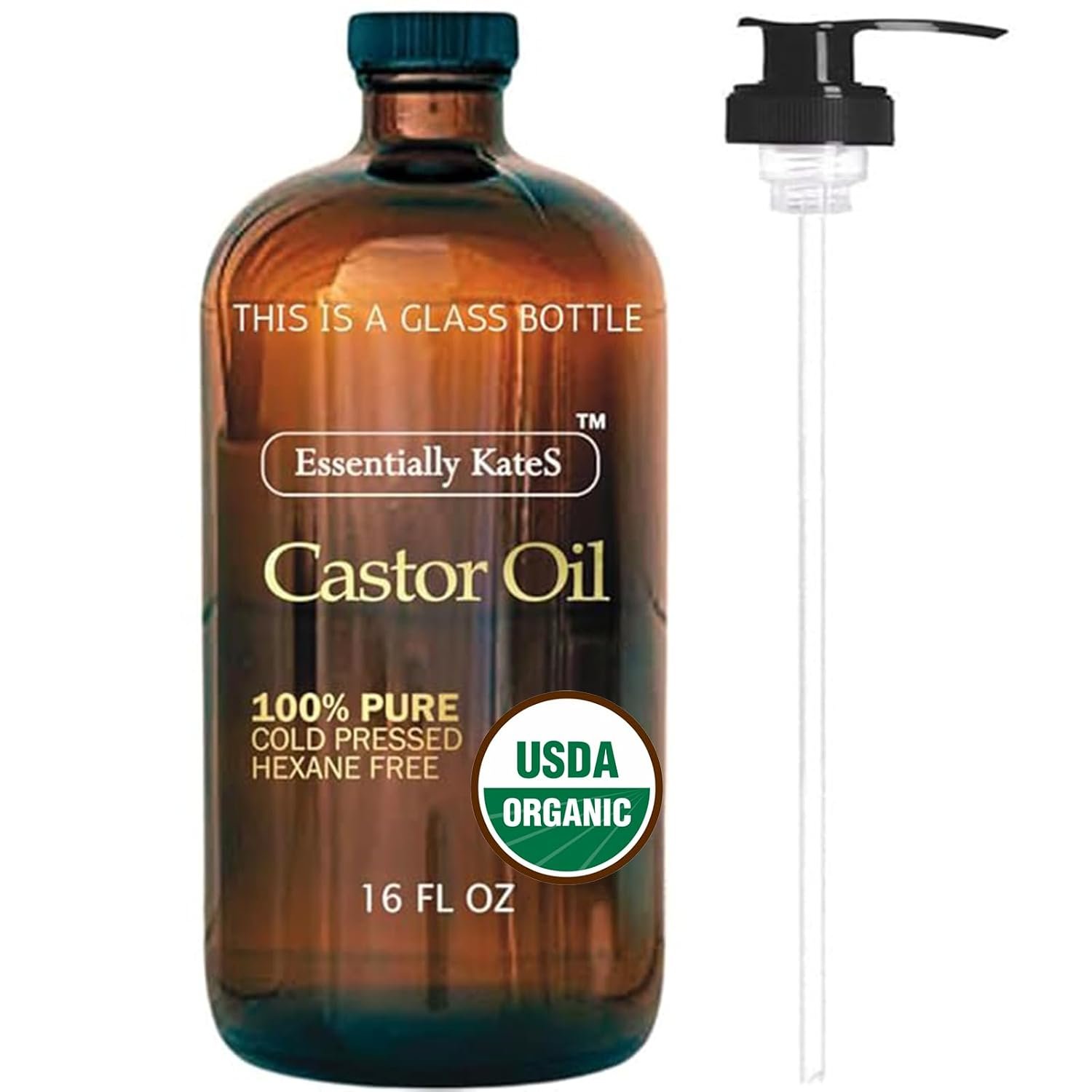 Essentially KateS Castor Oil 16 Fl Oz (Glass Bottle) – 100% Cold Pressed – USDA Organic Certified – Skin Care, Nail Care, Hair Care and Body Care