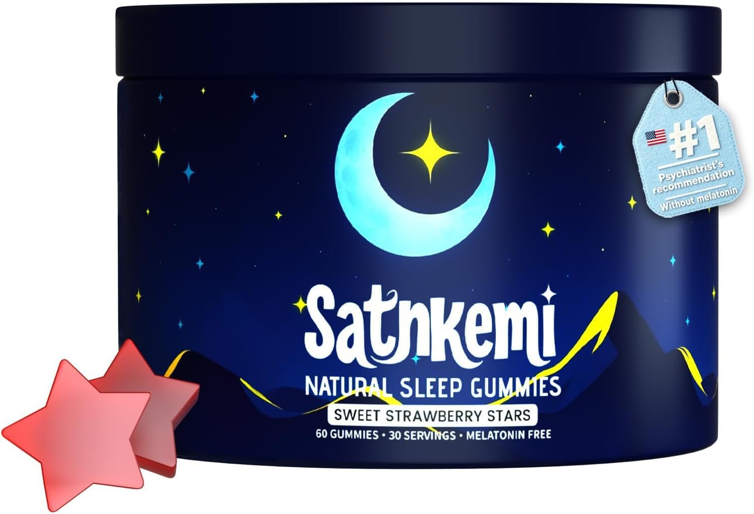 Sleep Gummies for Adults, Melatonin-Free Natural Sleep Aid with Valerian Root, L-Theanine, Magnesium & Passionflower, Star-Shaped Strawberry Gummies,Non-GMO, Gluten-Free Supplement, 60 Count