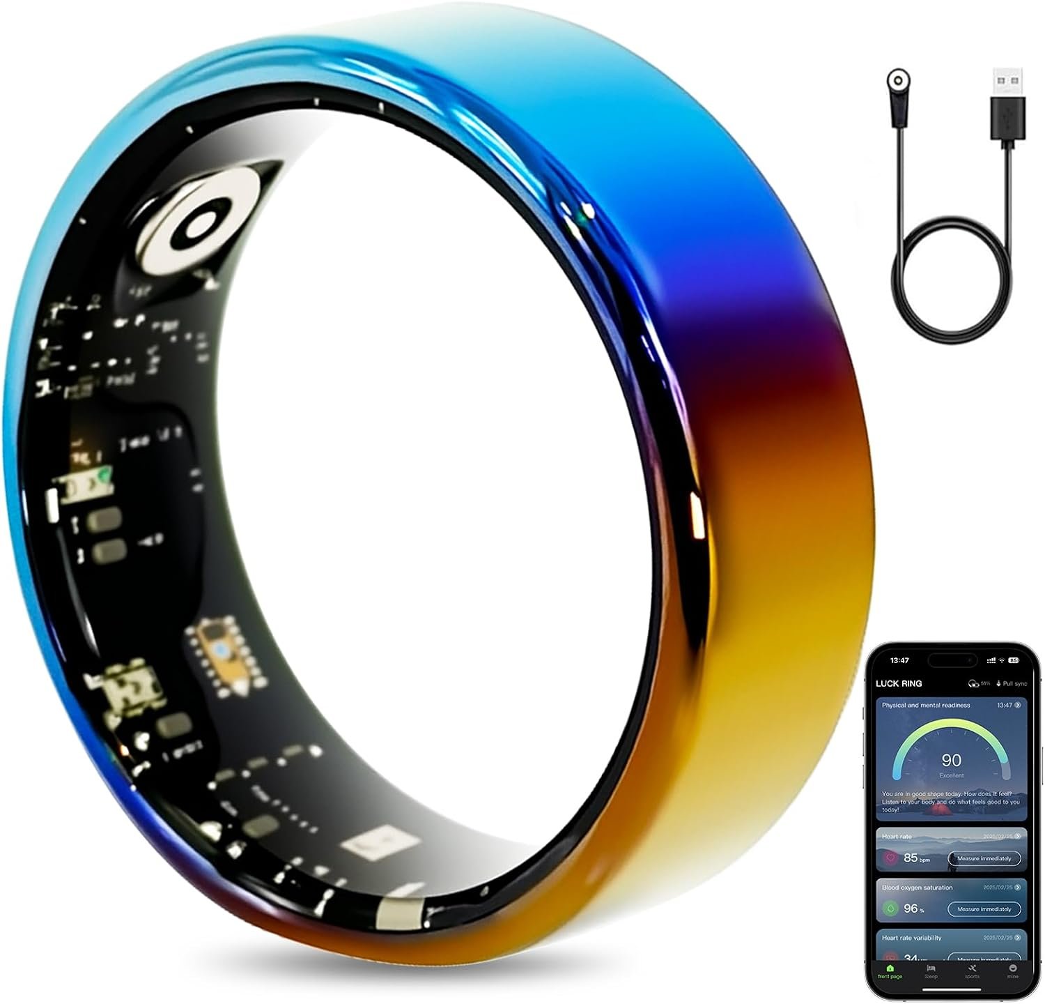 Mirlray Smart Ring for Women & Men, Smart Ring Health Tracker, Blood Oxygen & Heart Rate Monitor, Long Lasting Battery Sleep Ring, Waterproof Fitness Ring (Ti-Blue, 10)