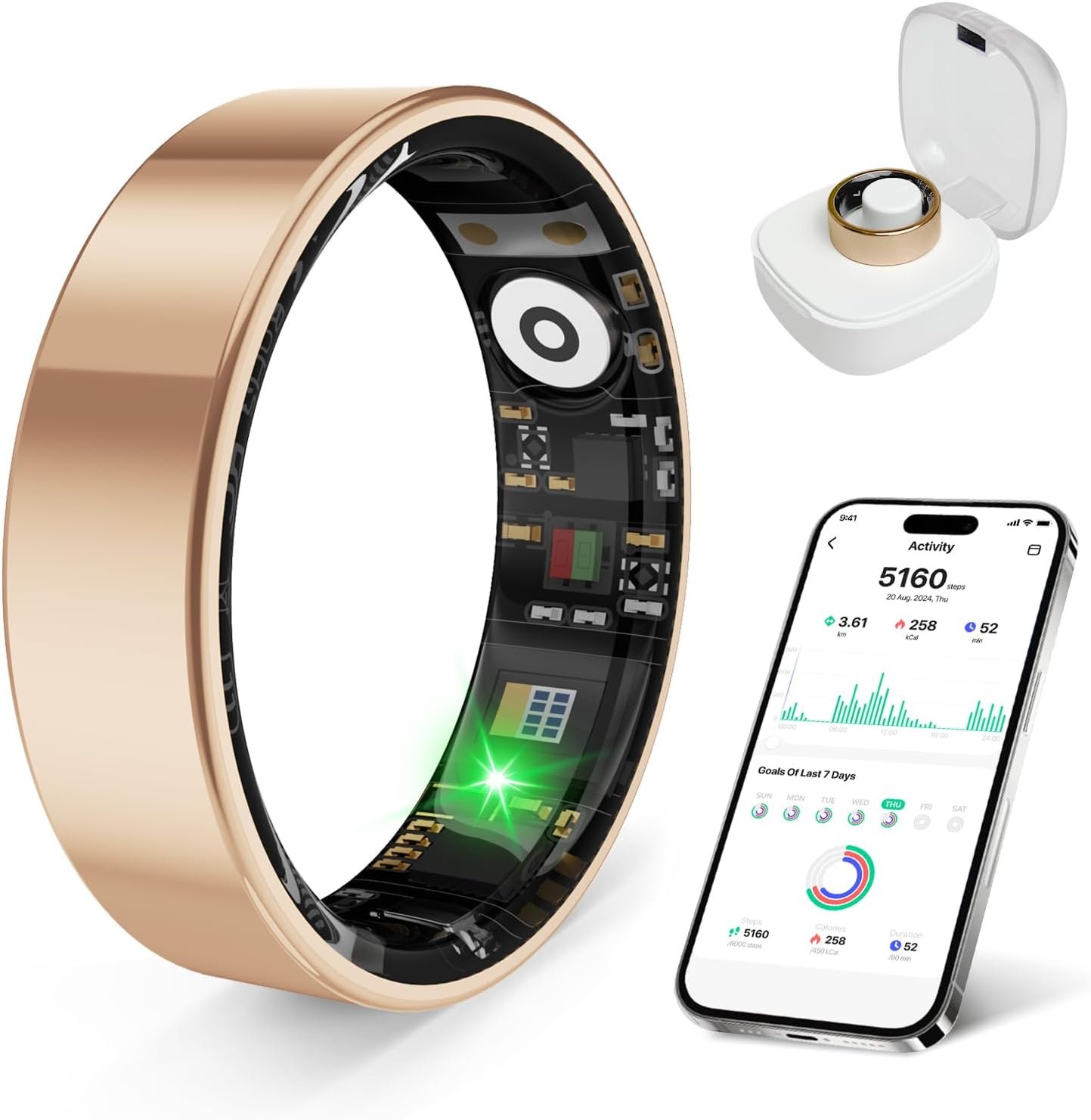 Smart Health Ring, Featuring Stress and Sleep Monitoring Functions, Compatible with iOS and Android,Waterproof Fitness Tracker for Women & Men, No Subscription Fee. (Rose Gold, 8)