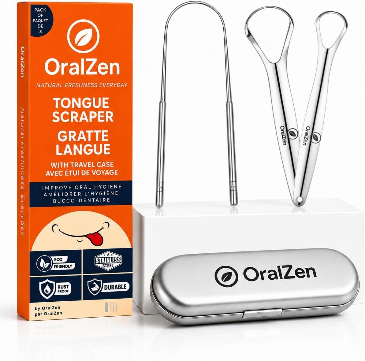 Tongue Scraper for Adults, 100% Stainless Steel, Reduce Bad Breath, Easy to Use, Oral Care and Hygiene, 3 Pack with Travel Case