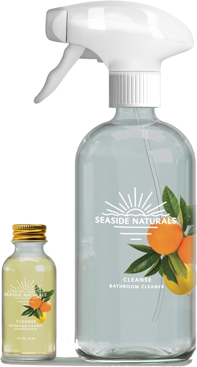 Cleanse Kit – Non-Toxic Bathroom Cleaner with Citrus Essential Oils (Lemon, Grapefruit & Orange) – Refillable Glass Bottle, Plant-Based Deep Clean Formula. 1oz – makes 1 bottle.