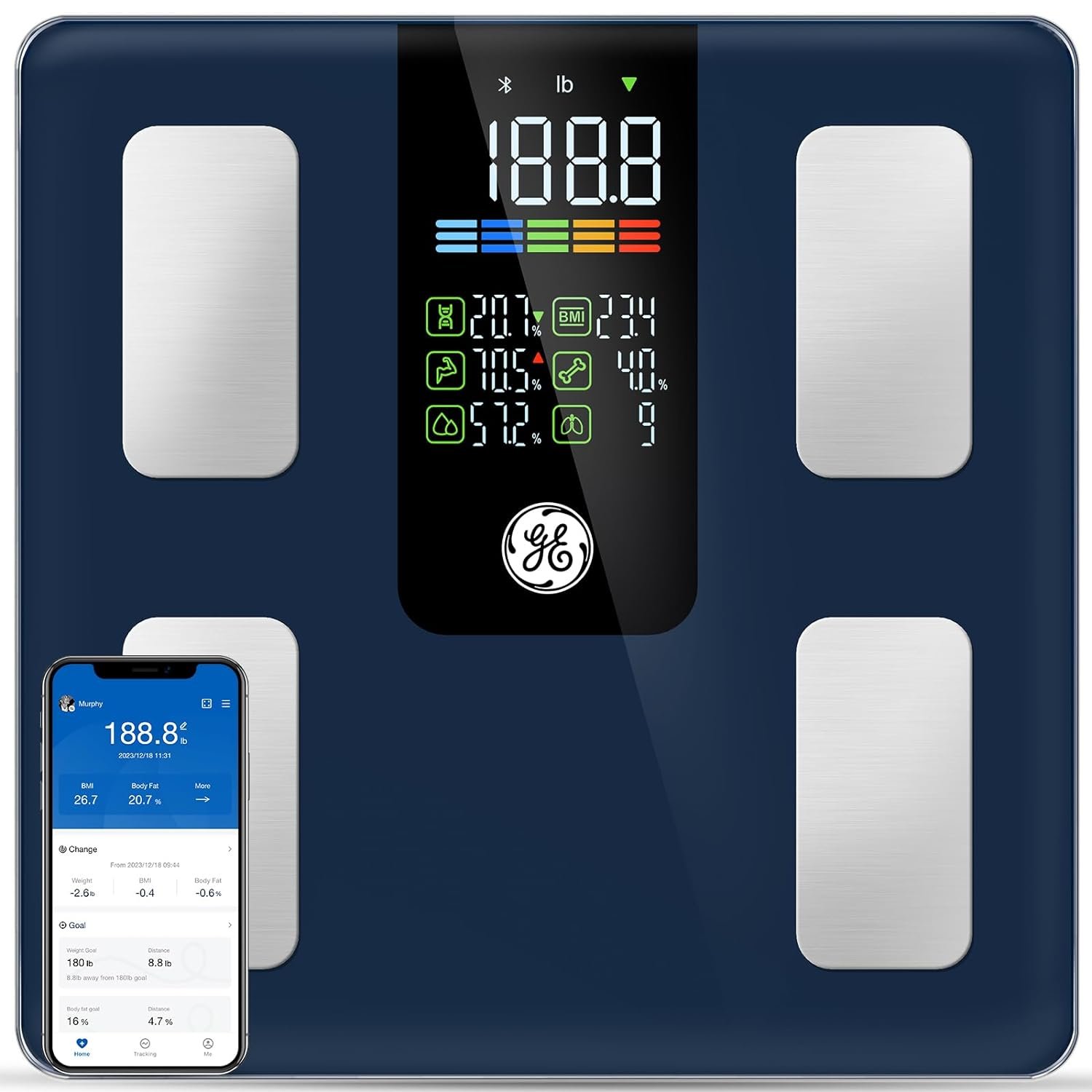 GE Smart Scale for Body Composition, Weight, BMI, 500lb, Large 11.8-Inch