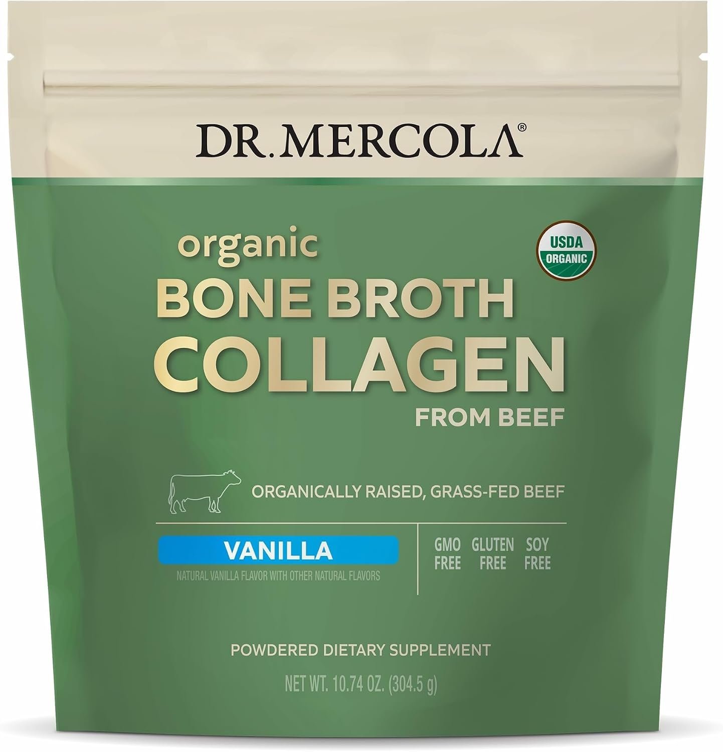 Dr. Mercola Organic Bone Broth Collagen Powder, Vanilla, 10.74 oz