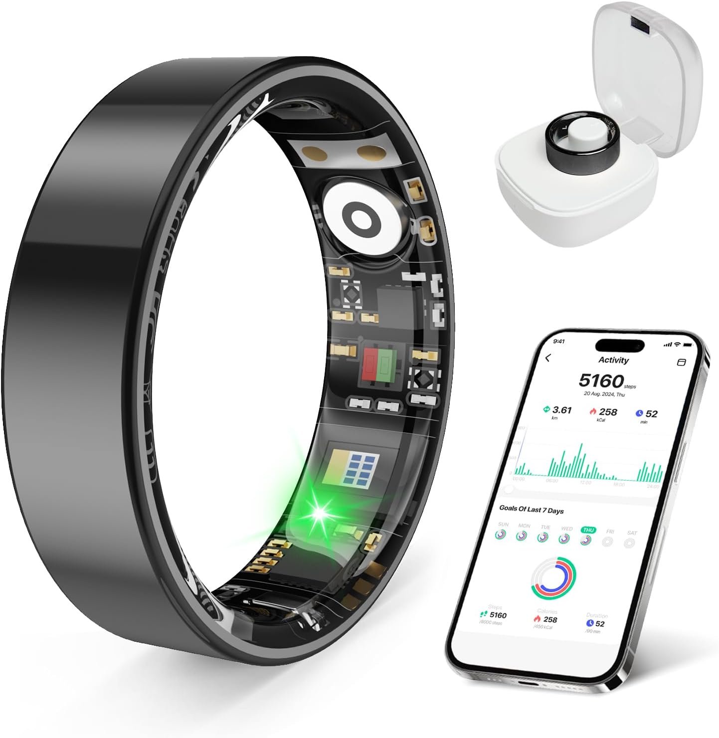 Smart Ring Health Monitor for Sleep Stress Exercise Tracking, IP68 Waterproof, Long Battery Life, No Subscription, Works with iOS Android, Suitable for daily use, exercise and play. (Black, 11)