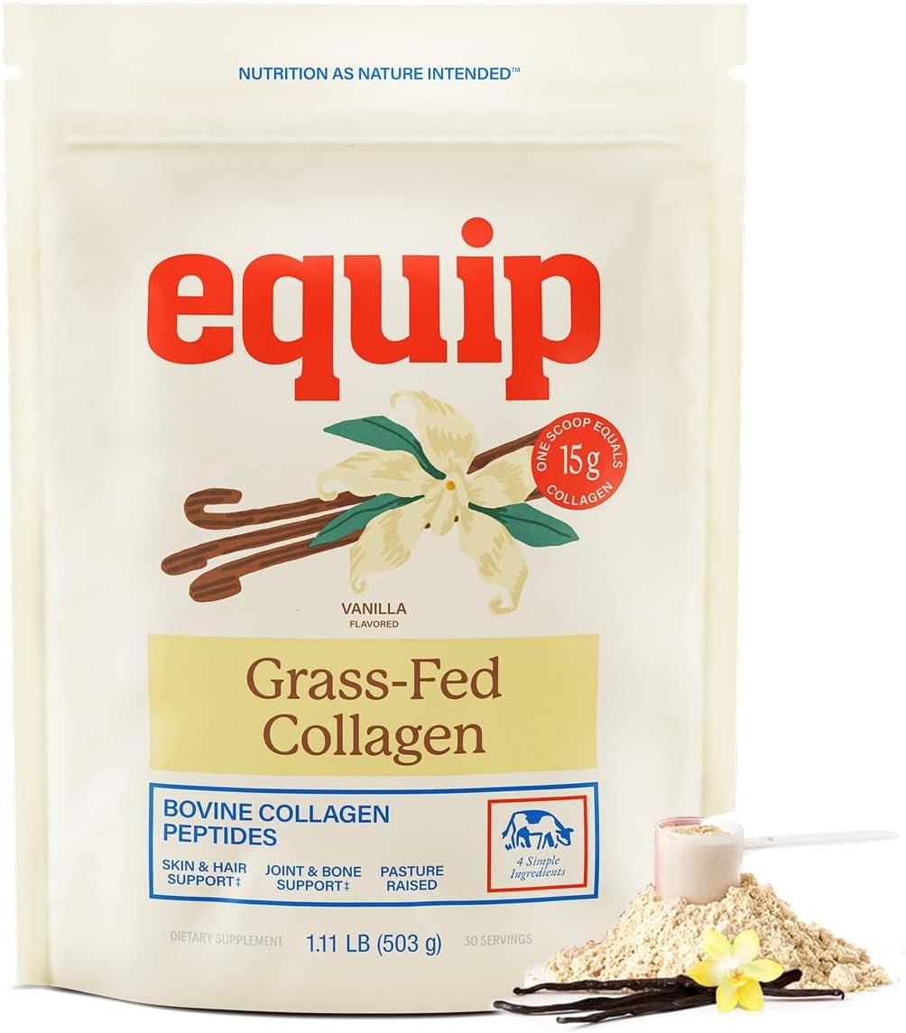 Equip Grass-Fed Hydrolyzed Collagen Powder – Pasture-Raised Bovine Collagen Peptides Powder – 14g Per Scoop – Clean, Daily Supplement for Joints, Gut, Skin, Hair & Nails – Vanilla (30 Scoops)