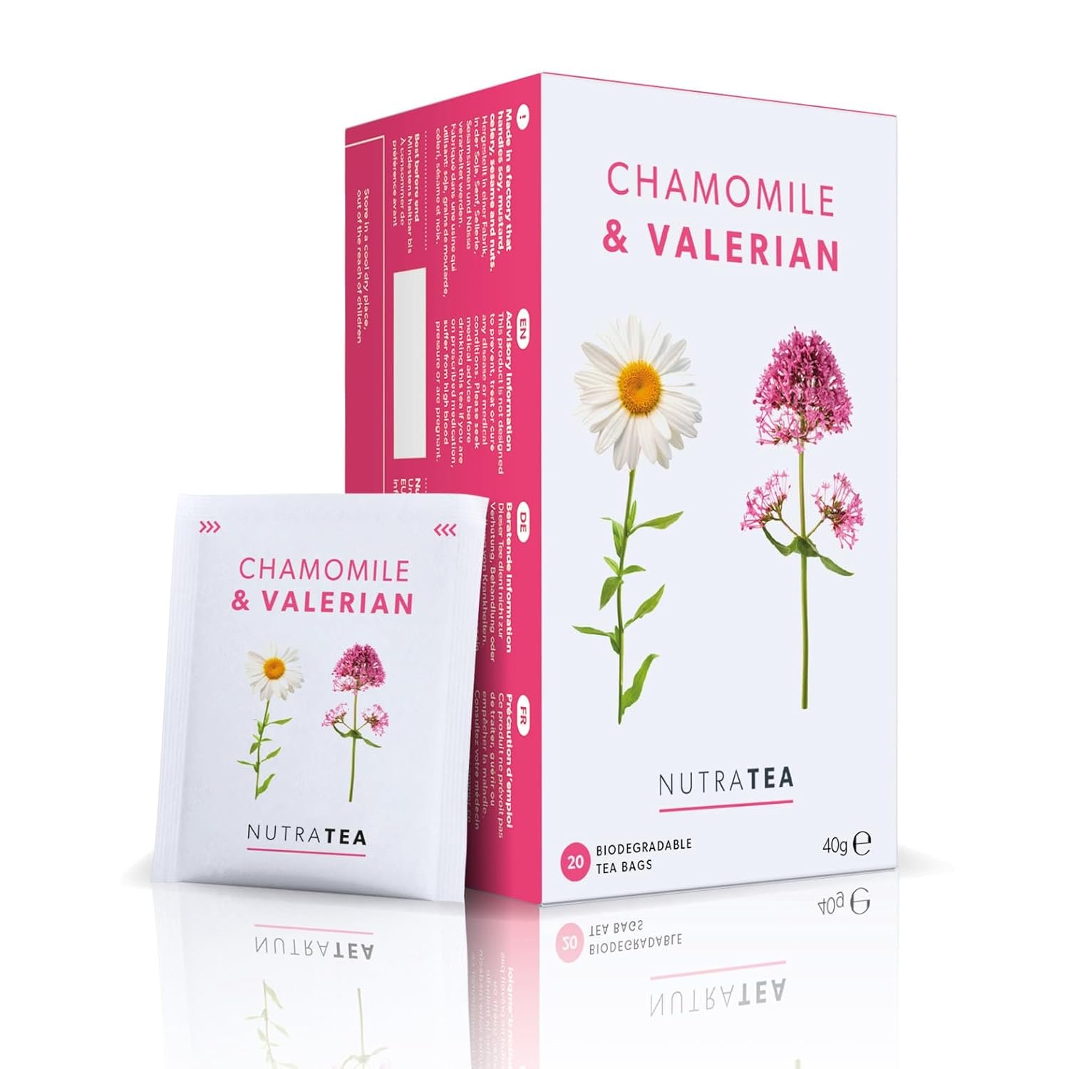 NutraTea Chamomile & Valerian Tea – Bedtime and Night Time Tea – 20 Individually Wrapped Bags (1 Pack)