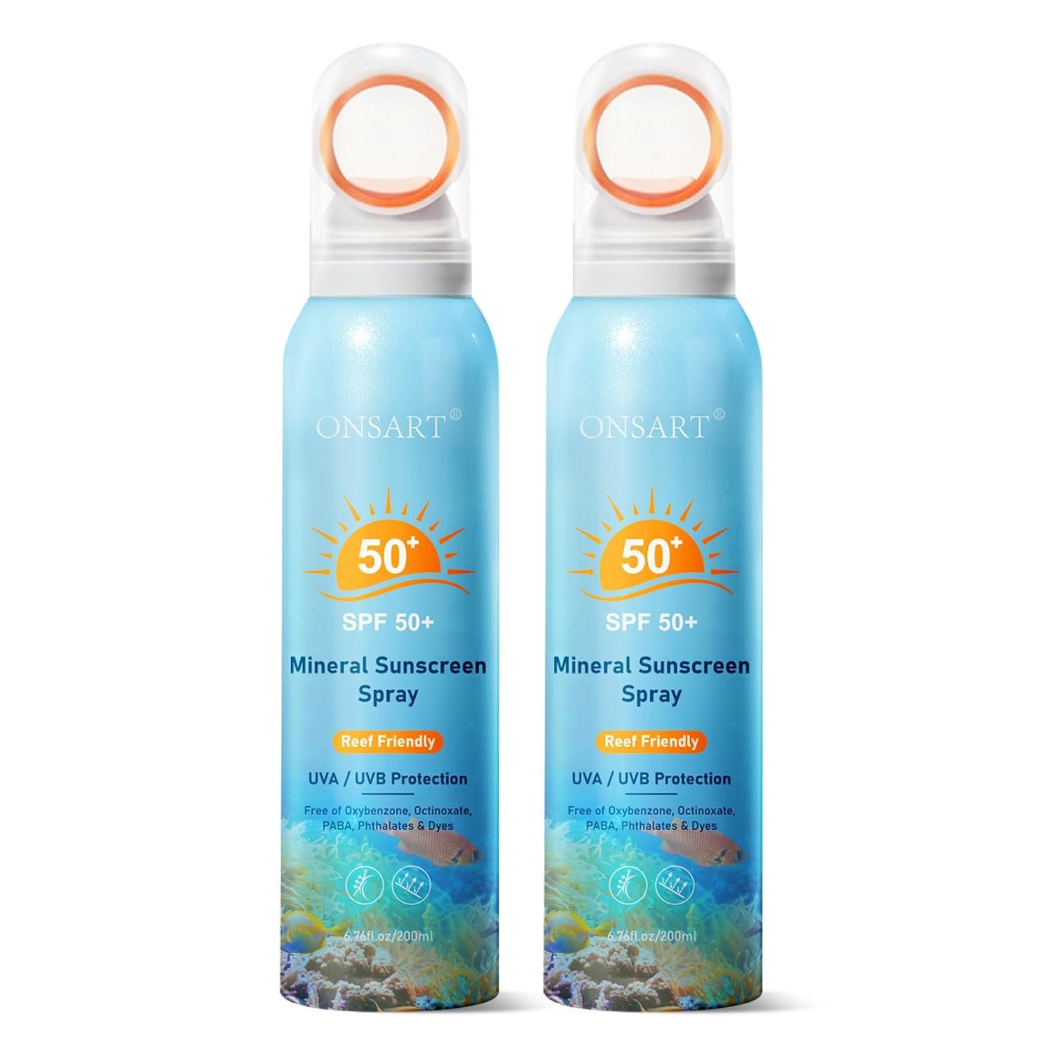 Reef Safe Mineral Sunscreen Spray SPF 50+ with Zinc Oxide, Broad Spectrum UVA/UVB Protection, Lightweight Non-Greasy, Travel Size Sunscreen for Face & Body, Water & Sweat Resistant, 6.76 oz(2 Pack)