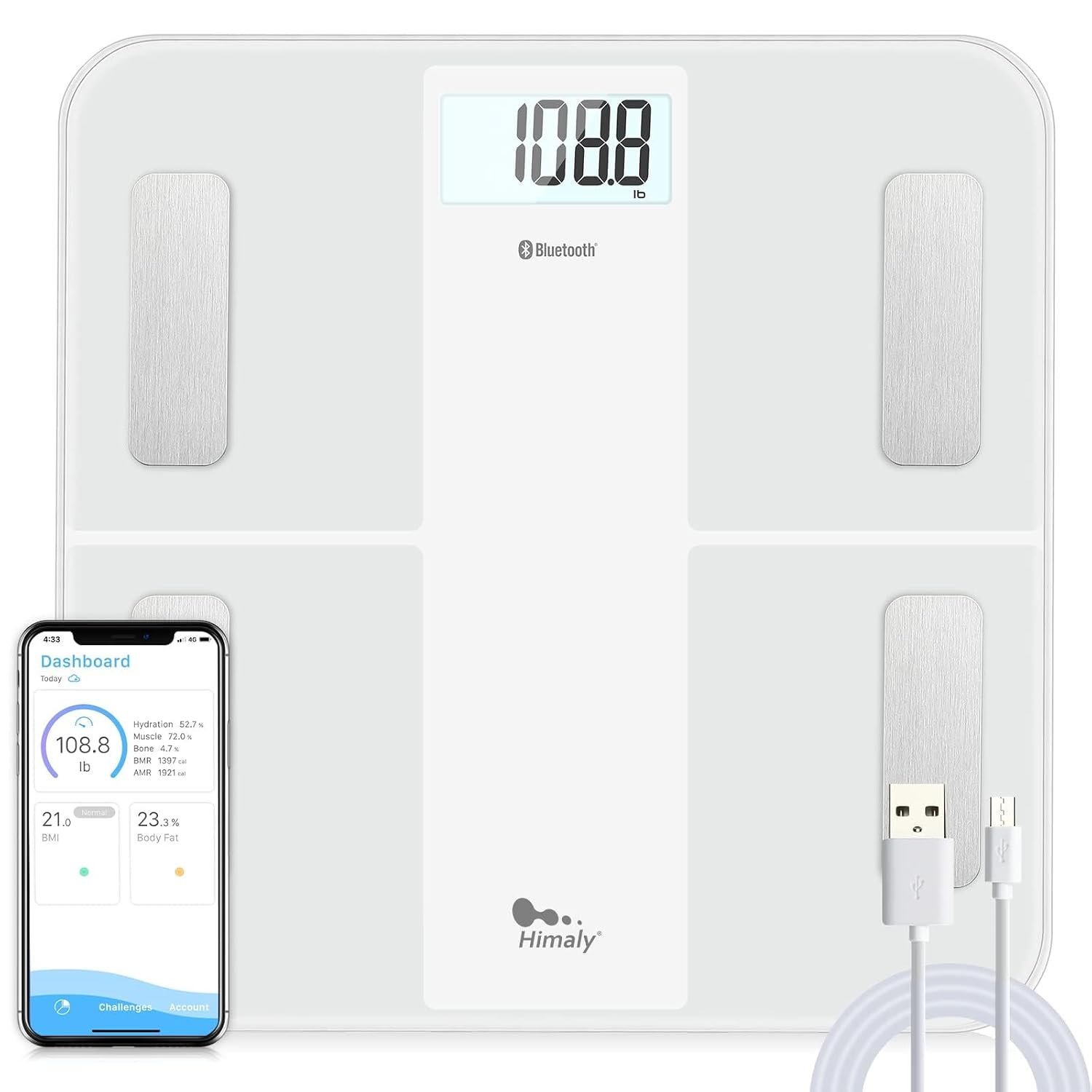 himaly USB Rechargeable Smart Body Fat Scale, Bluetooth BMI, White