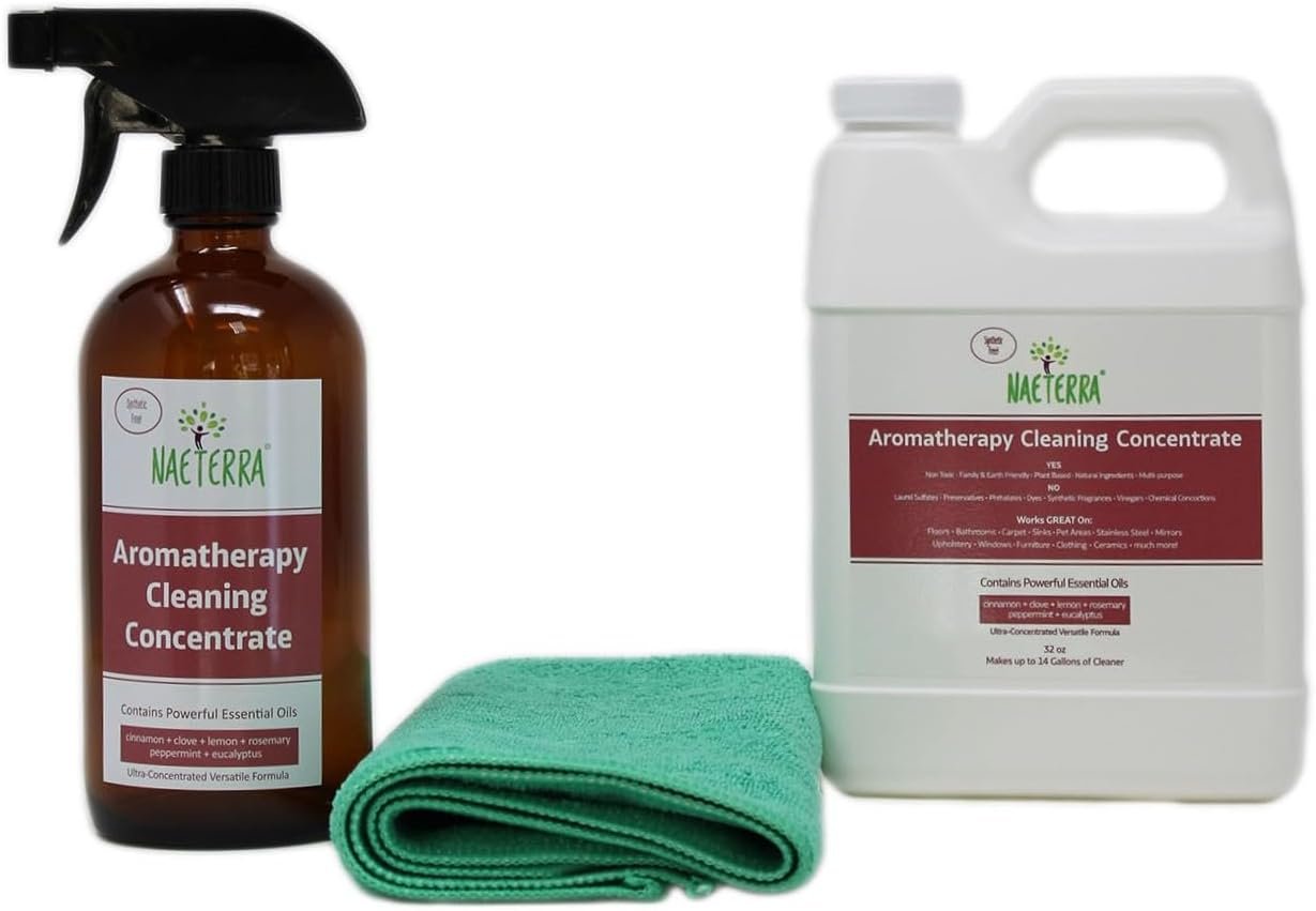 Naeterra Aromatherapy Cleaning Starter Kit – 32oz Plant-Based Concentrate, 16oz Amber Bottle, Funnel & Cloth – Legendary Apothecary Botanical Blend – No Synthetics – 64 Refills