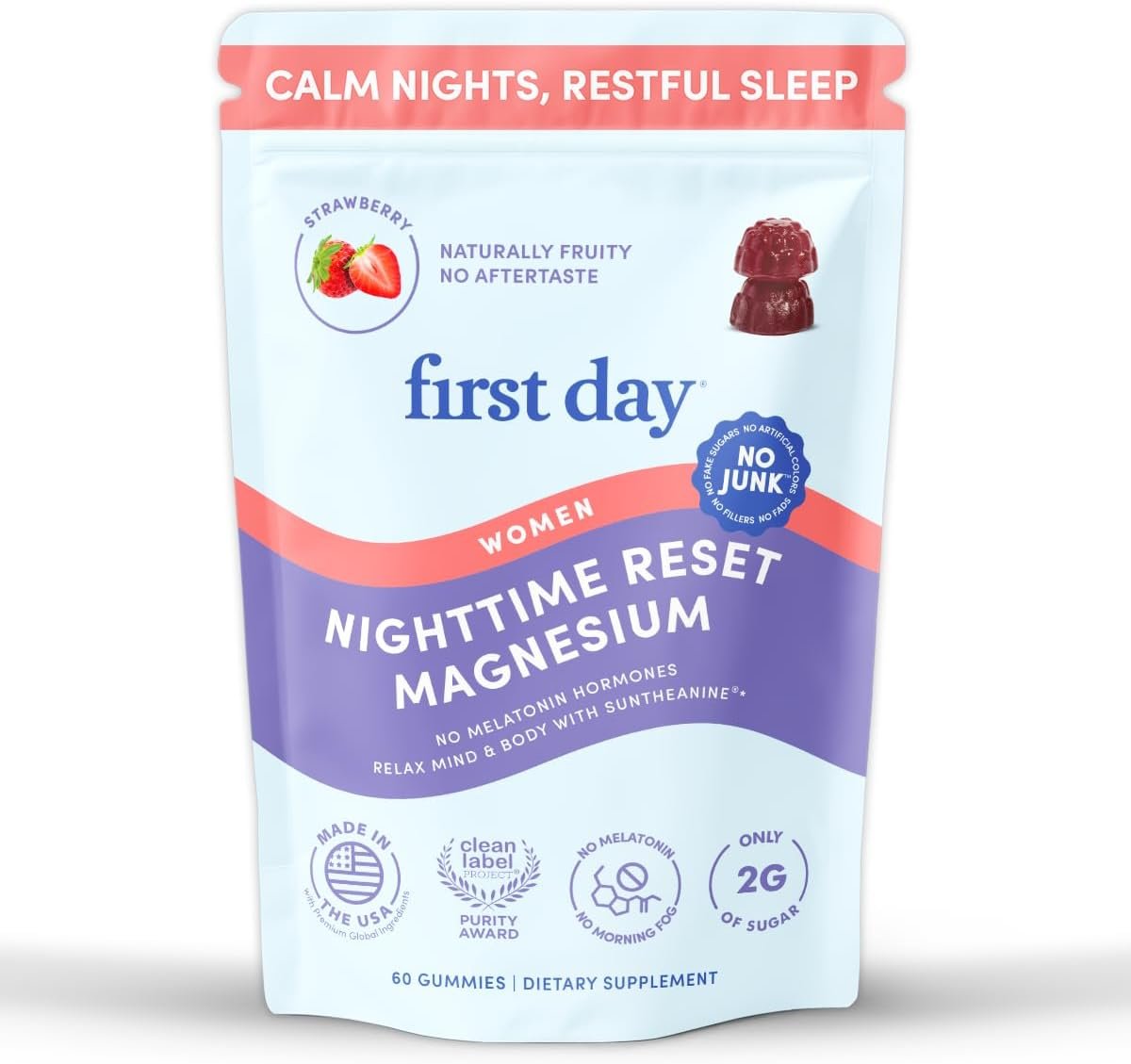 FIRST DAY Magnesium Gummies for Women, L-Theanine, Melatonin-Free, 60ct
