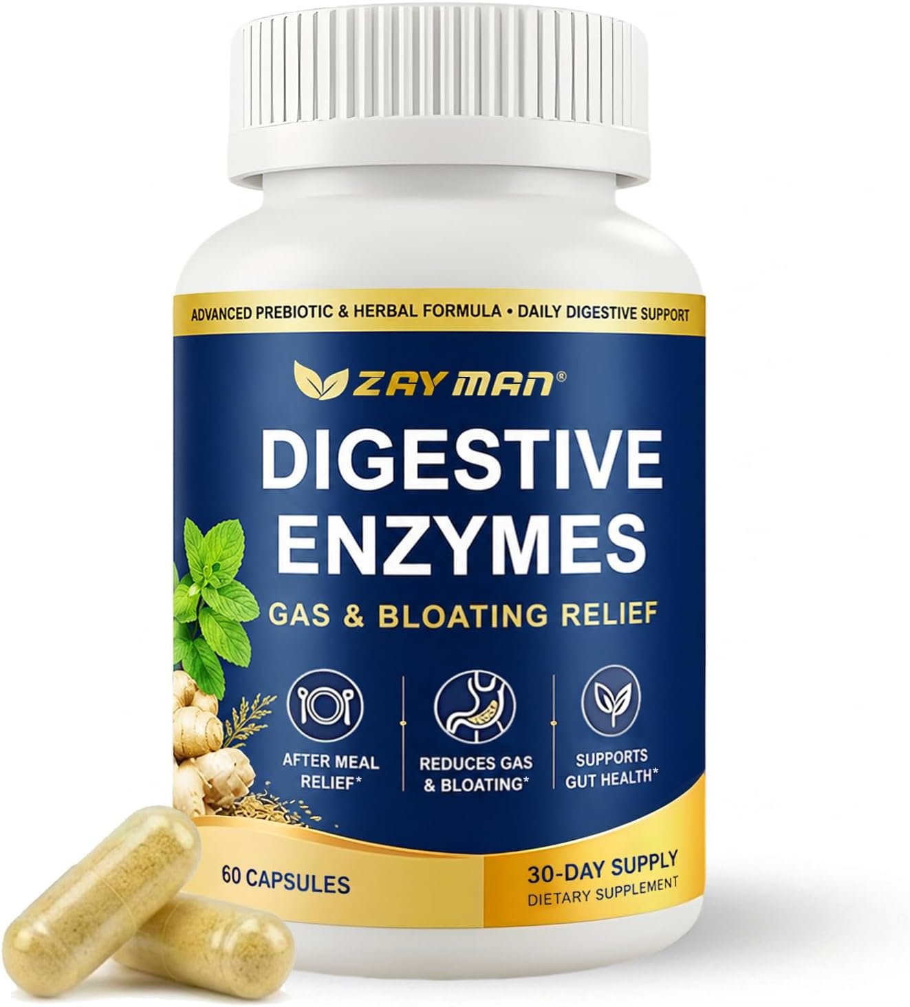 ZAYMAN Digestive Enzymes for Bloating & Gas Relief After Meals, 60 Capsules