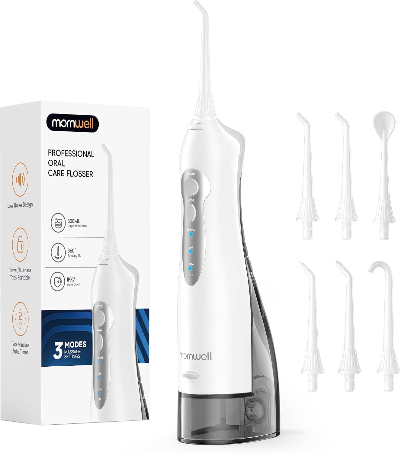 Mornwell Water Dental Flosser Teeth Pick, 300ML Tank with 6 Jet Tips