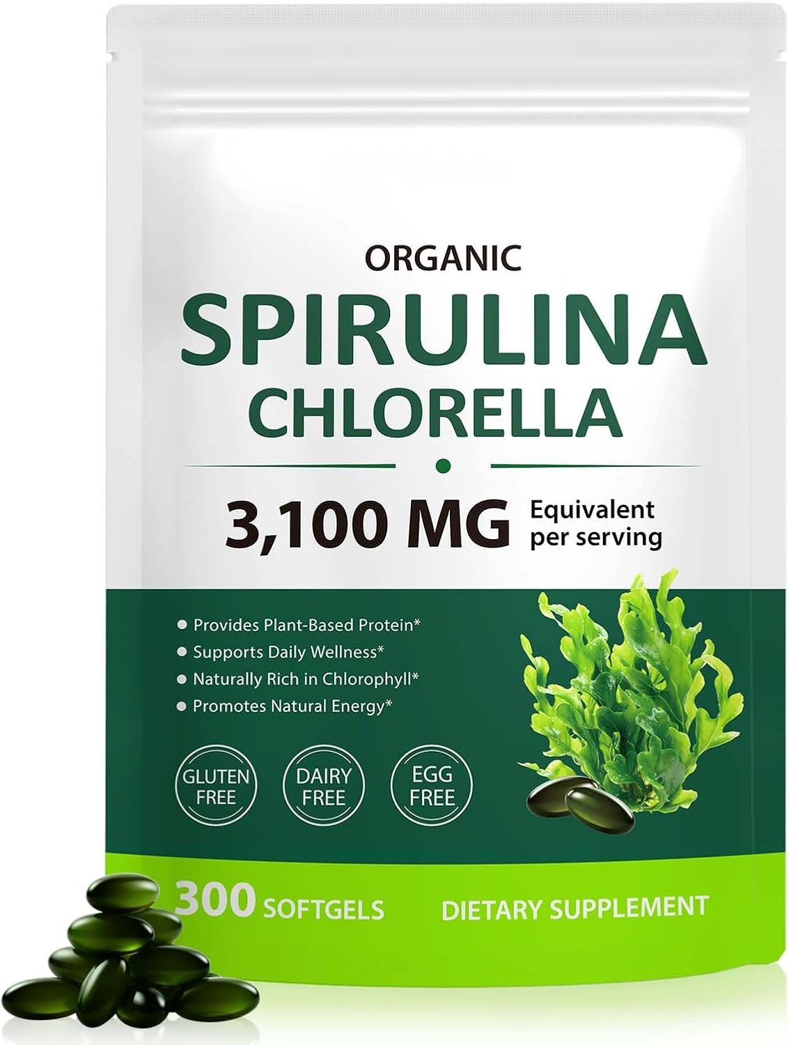 Spirulina Chlorella Capsules,17-in-1 Supergreens Blend Rich in Protein, Chlorophyll, Vitamins, Supports Energy, Immune & Gut Health, Easy Absorption,300 Softgels