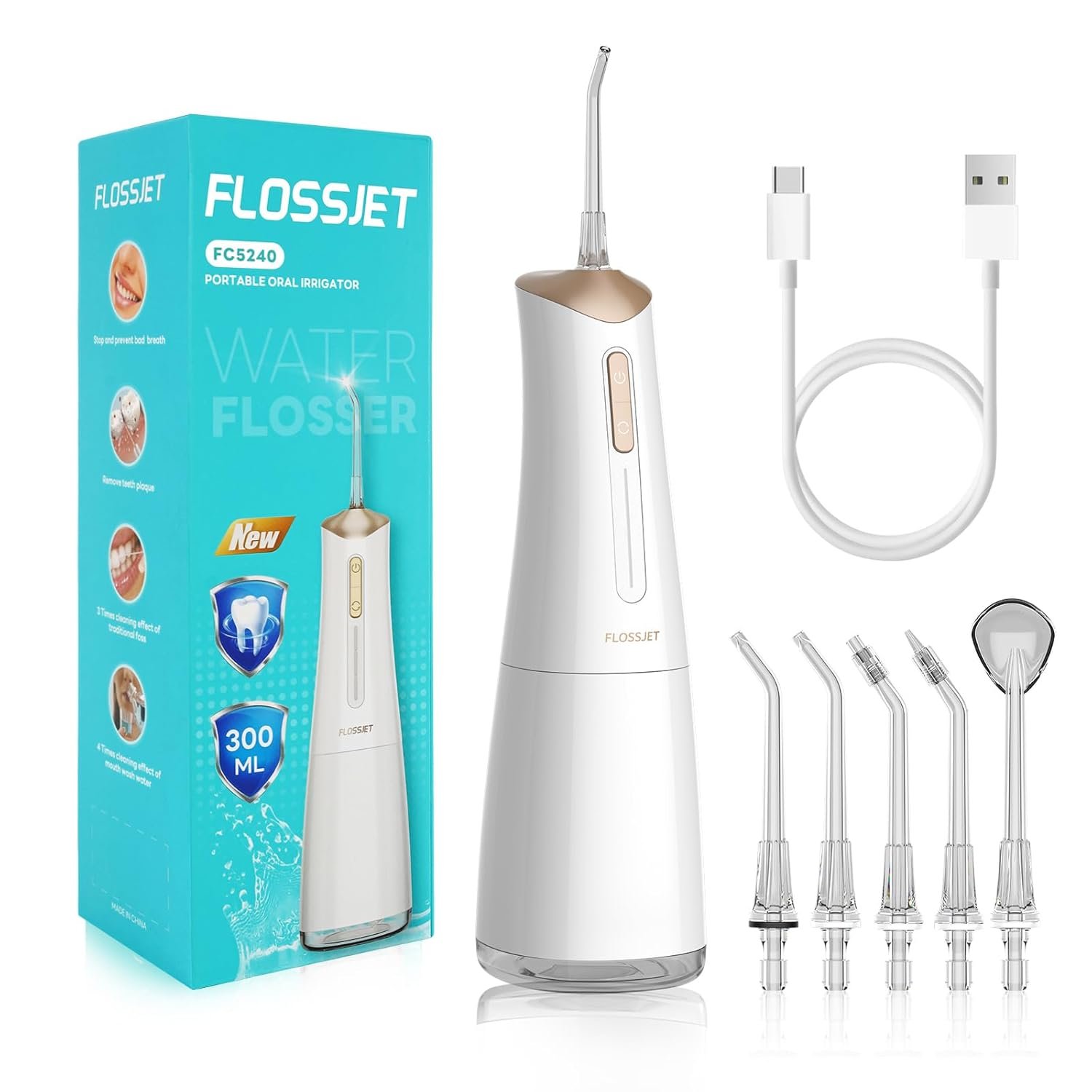 FlossJet Cordless Water Dental Flosser for Teeth, Home & Travel, White