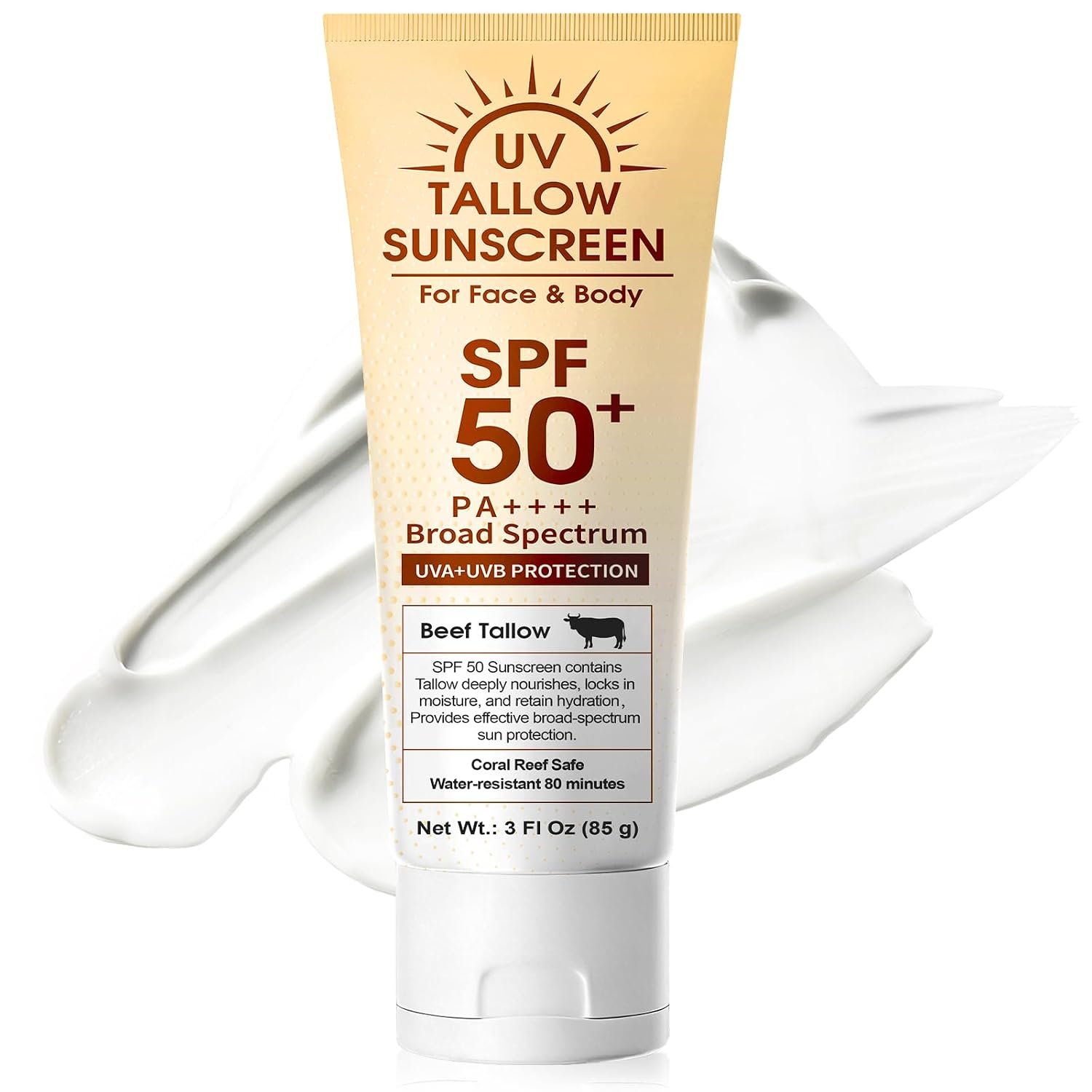 Beef Tallow Reef Safe Sunscreen SPF 50 for Face, Natural Grass-Fed Beef Tallow,Mineral Non-Nano Zinc Oxide Sunblock,Moisturizing Mineral Sunblock for Summer Outdoor Sports Beach Daily Use,85g