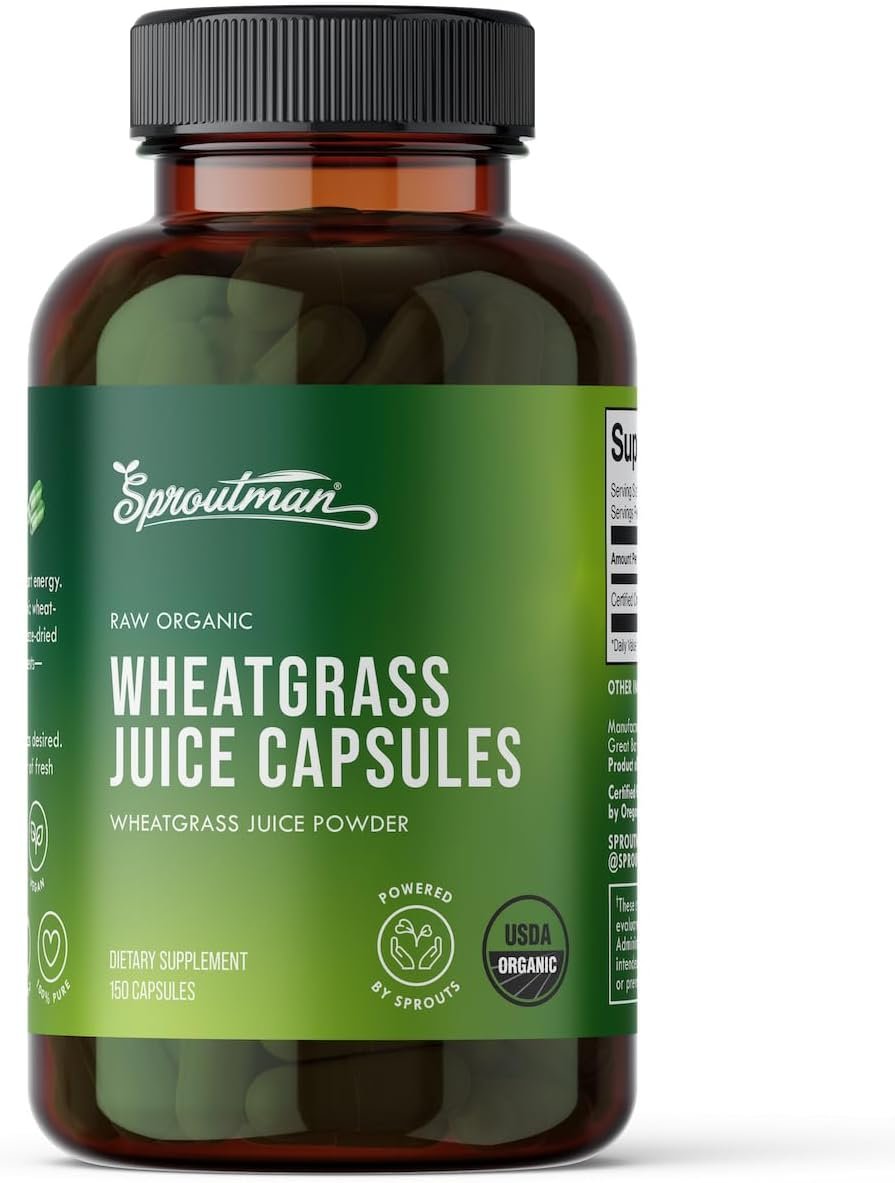 Organic Wheatgrass Juice Powder Capsules by Sproutman – 100% Pure Wheatgrass – Aids Digestion – High in Vitamins, Antioxidants, Chlorophyll, Enzymes, Minerals & Energy (150 Pills)