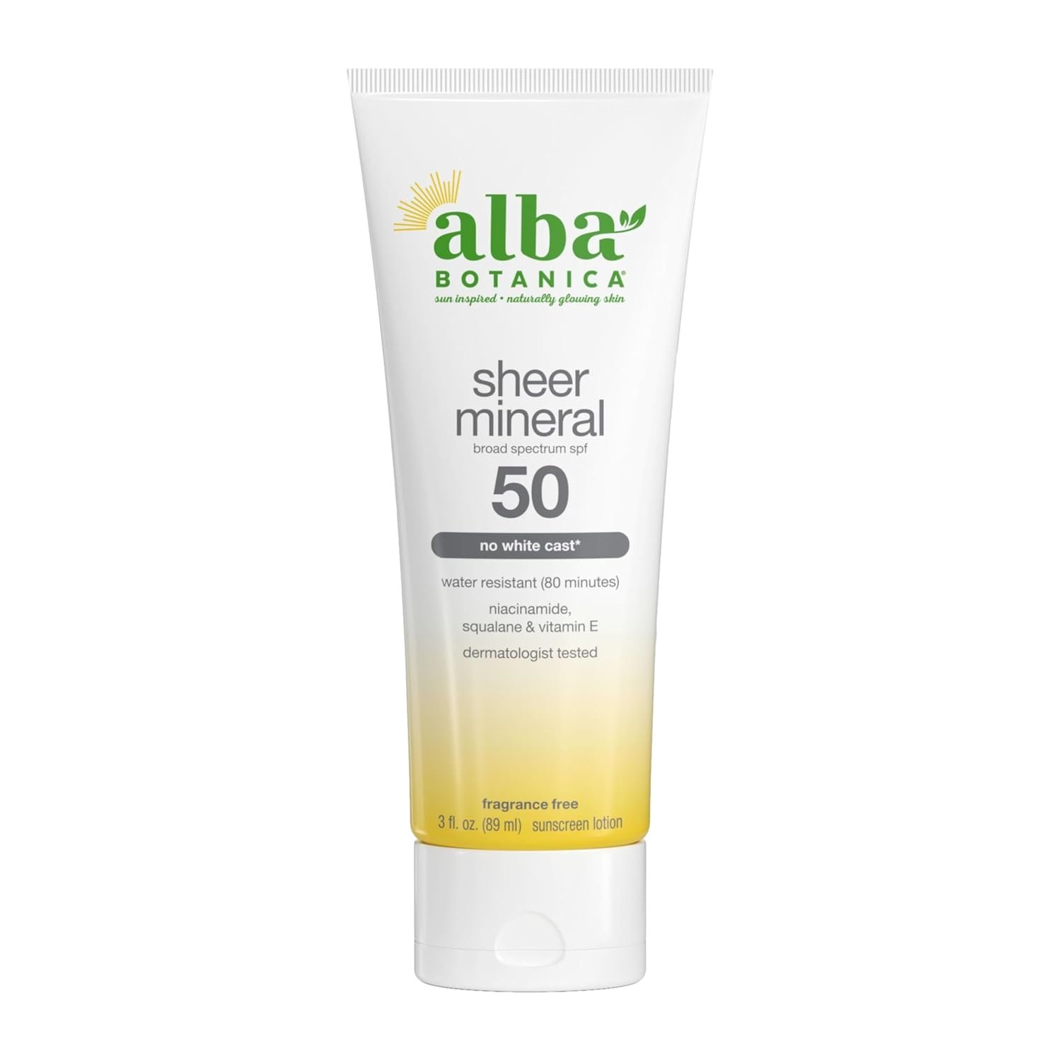 Alba Botanica Mineral Sunscreen Lotion SPF 50, Broad Spectrum, Fragrance Free, 3 Fl Oz (Packaging May Vary)