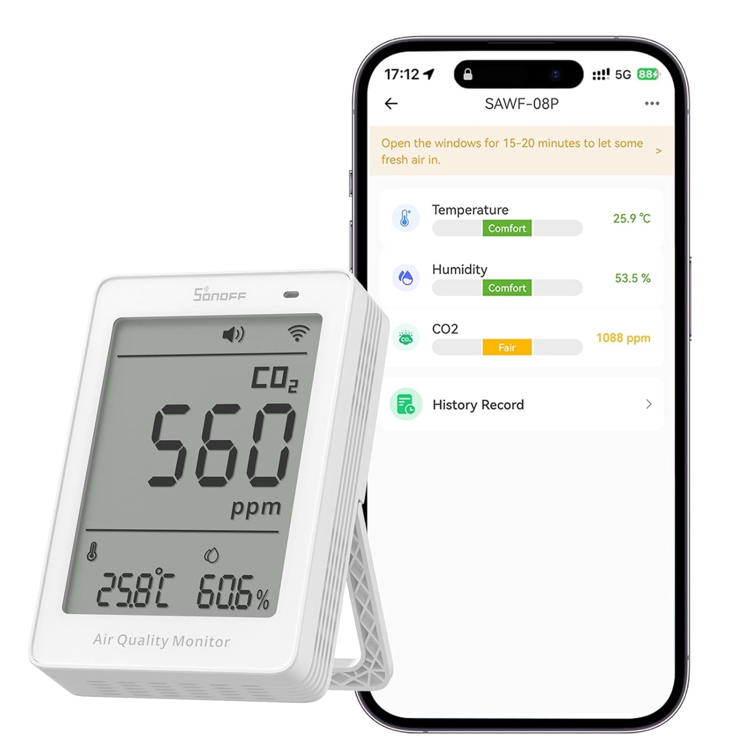 SONOFF AirGuard CO2 SAWF-08P, Smart Indoor Air Quality Monitor, Matter Compatible, 2.4GHz WiFi, CO2 Monitor for CO2/Temp/Humidity, Real-Time Display & Notification, for Bedroom, Nusery Room
