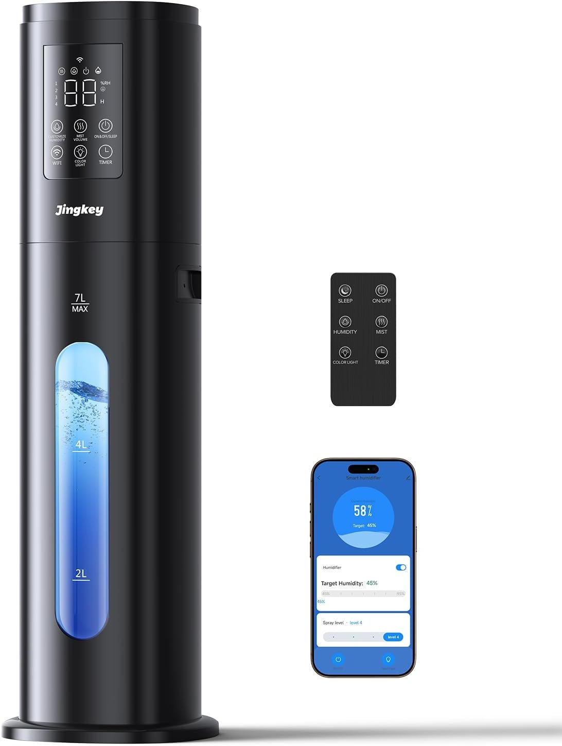 Humidifiers for Bedroom Large Room Humidifiers for Home, Large Humidifier 7L/1.85Gal with Smart App & Remote Control, 4 Mist Levels Humidifiers Black