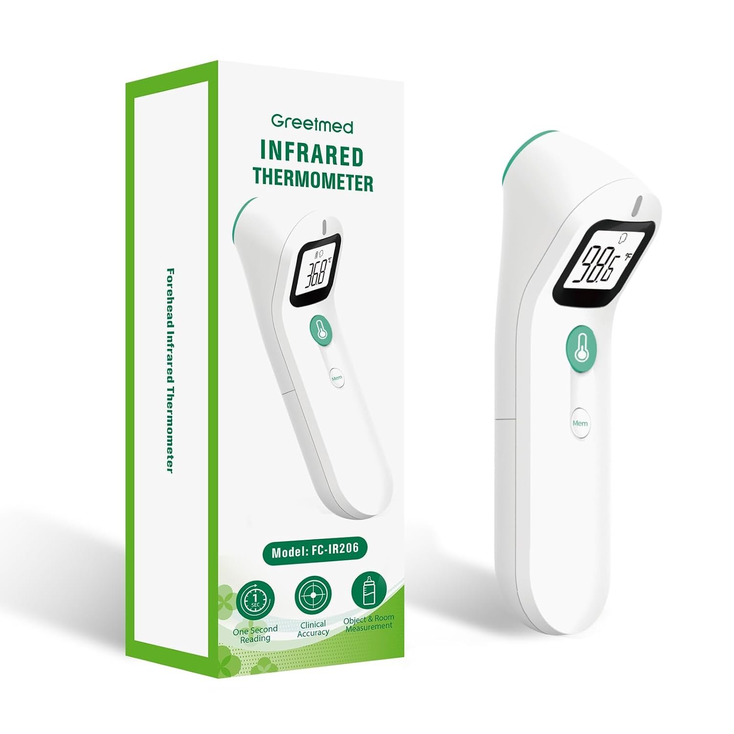 Greetmed No Touch Forehead Digital Thermometer for Adults, Kids with Fever Alarm, 1s Instant Reading Large LCD Display, Multi-Mode Object Temperature (Batteries Included)
