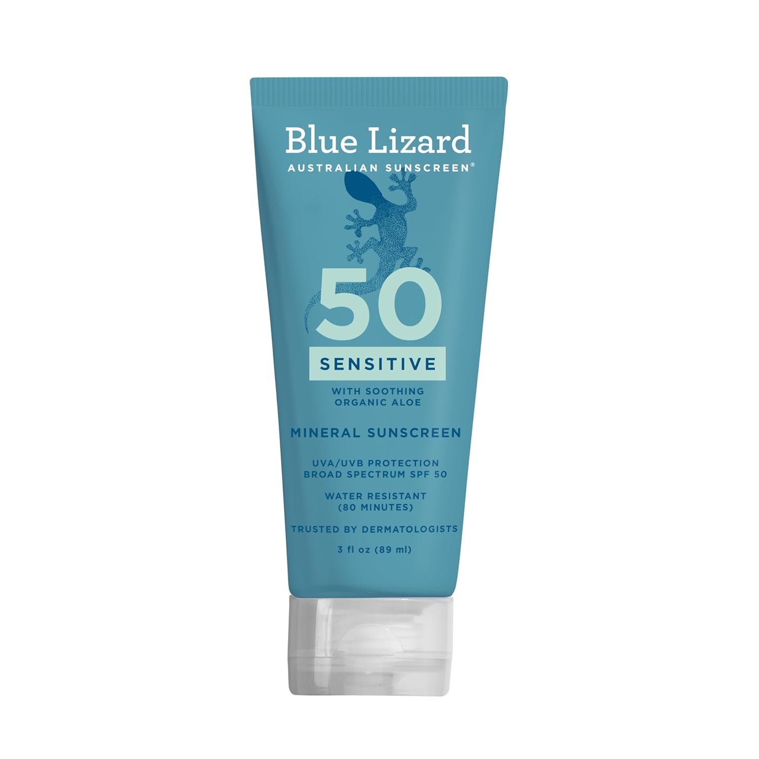 Blue Lizard SENSITIVE Mineral Sunscreen with Zinc Oxide, SPF 50+, Water Resistant, UVA/UVB Protection with Smart Cap Technology – Fragrance Free, 3 oz. Tube