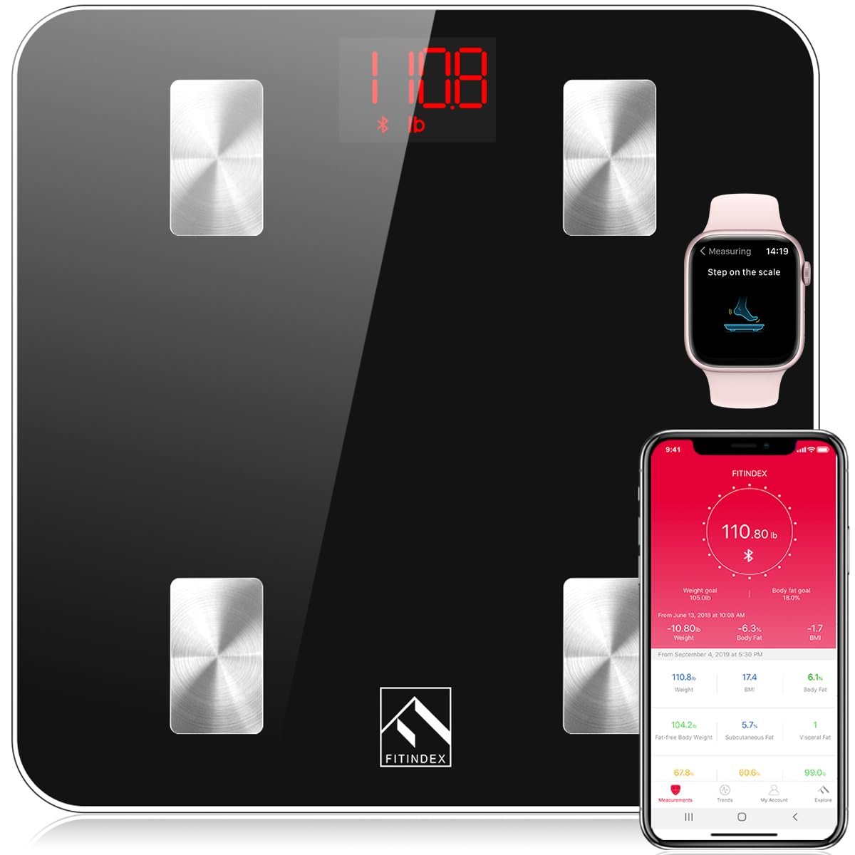 FITINDEX Smart Scale, BMI & Body Fat, Bluetooth, 13 Metrics, App Sync