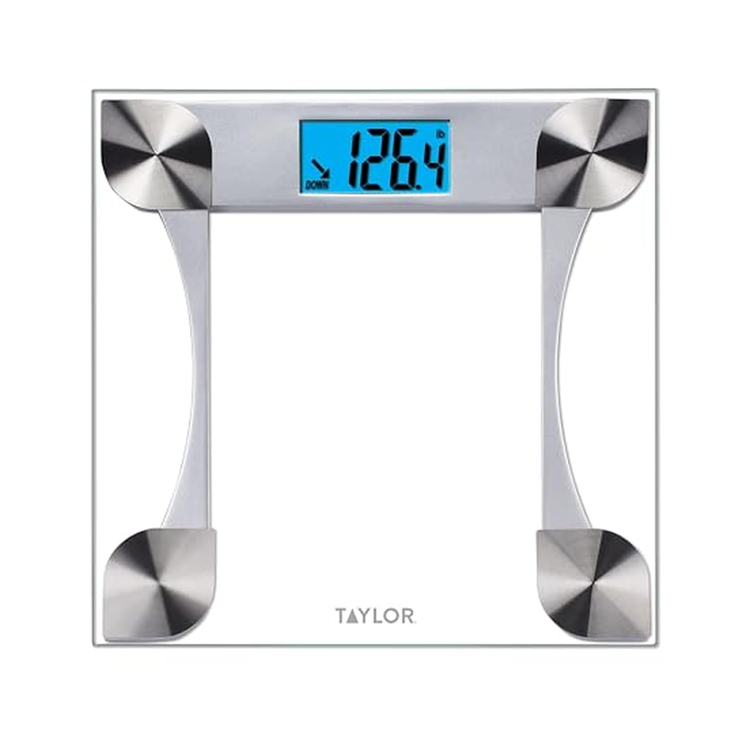 Taylor Digital Bathroom Scale with Glass Platform and Blue Backlit Display – Body Weight Scale, 440 lb Capacity, 2-User Weight Tracking, 12.2 in Platform, Clear