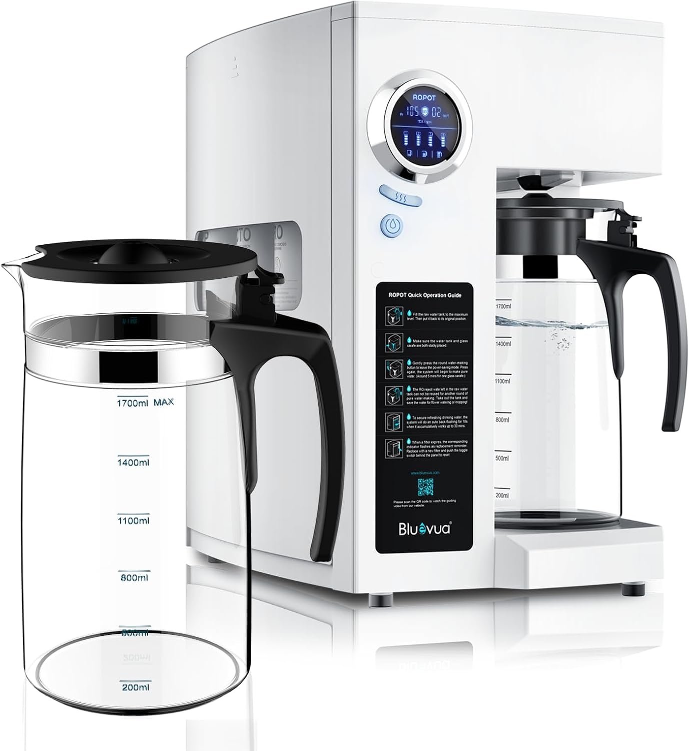 Bluevua RO100ROPOT(UV) Reverse Osmosis System Countertop Water Filter, with One Extra ROPOT Replacement Carafe, Bundle